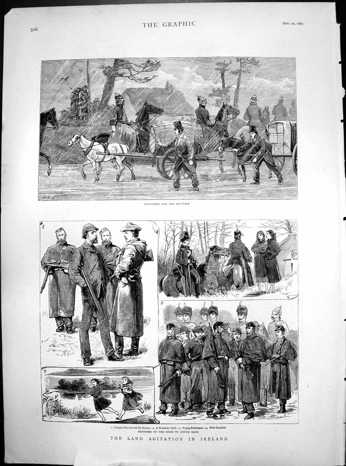 Print Land Agitation Ireland Provisions Military Captain Boycott Lough Mask 1880