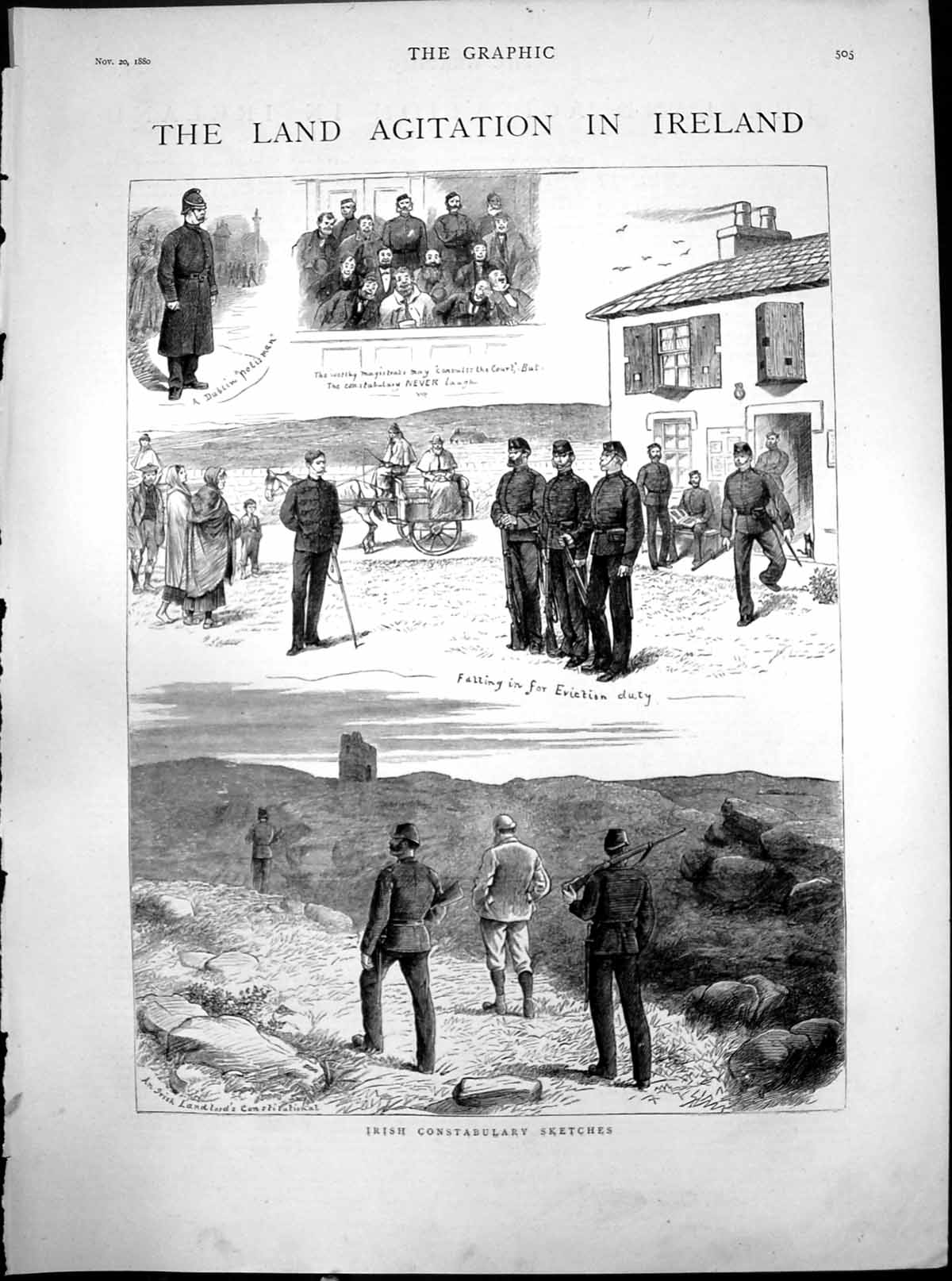 Old Print Land Agitation Ireland Irish Constabulary Sketches Eviction Duty 1880