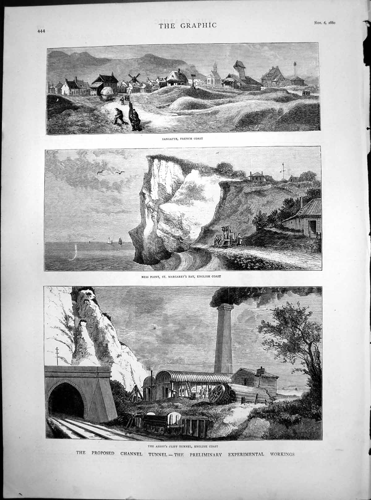 Old Print Proposed English French Tunnel Sangatte Ness Point Abbot'S Cliff 1880