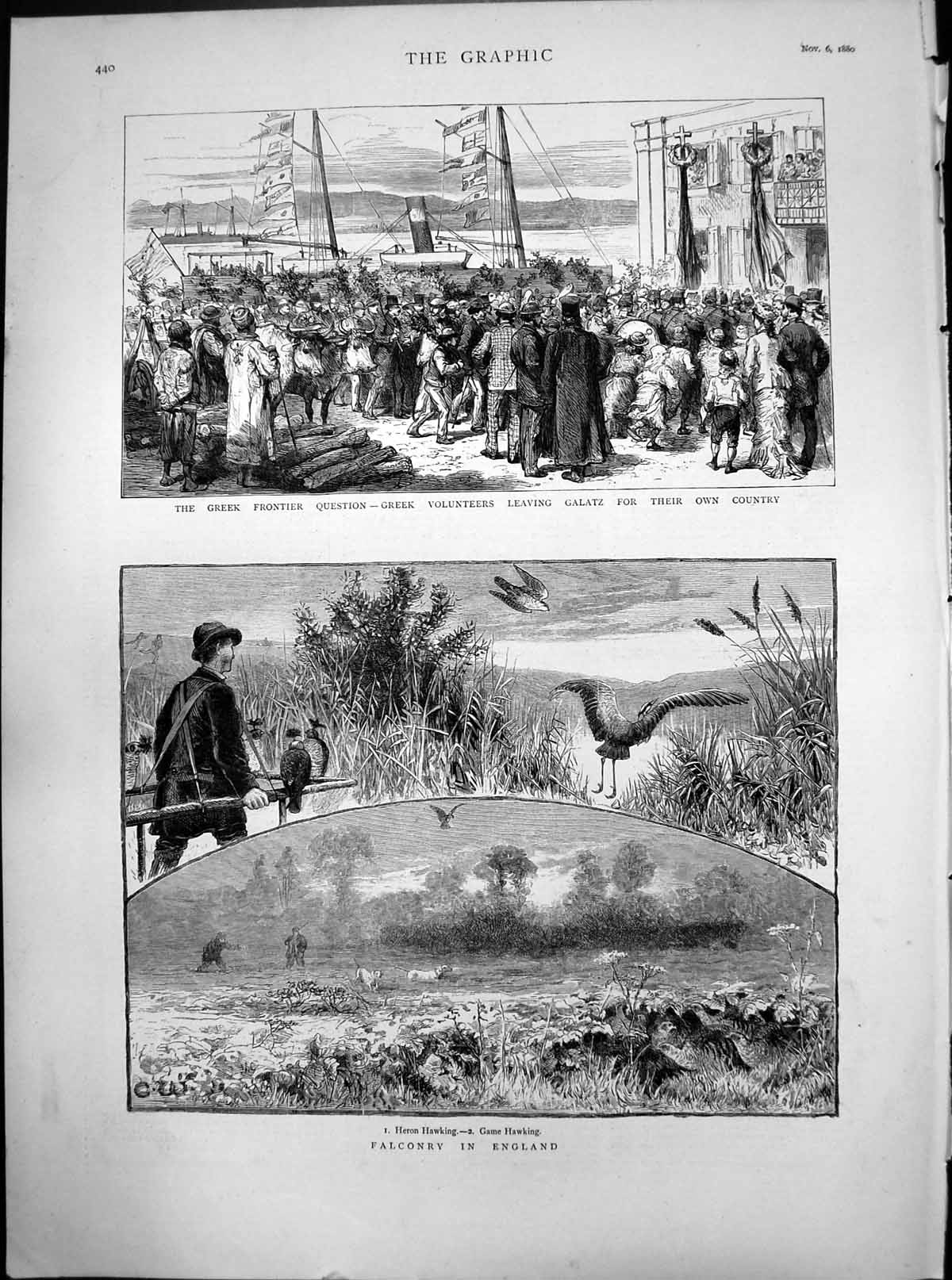 Old Print Greek Frontier Question Galatz Falconry England Heron Game 1880 19th