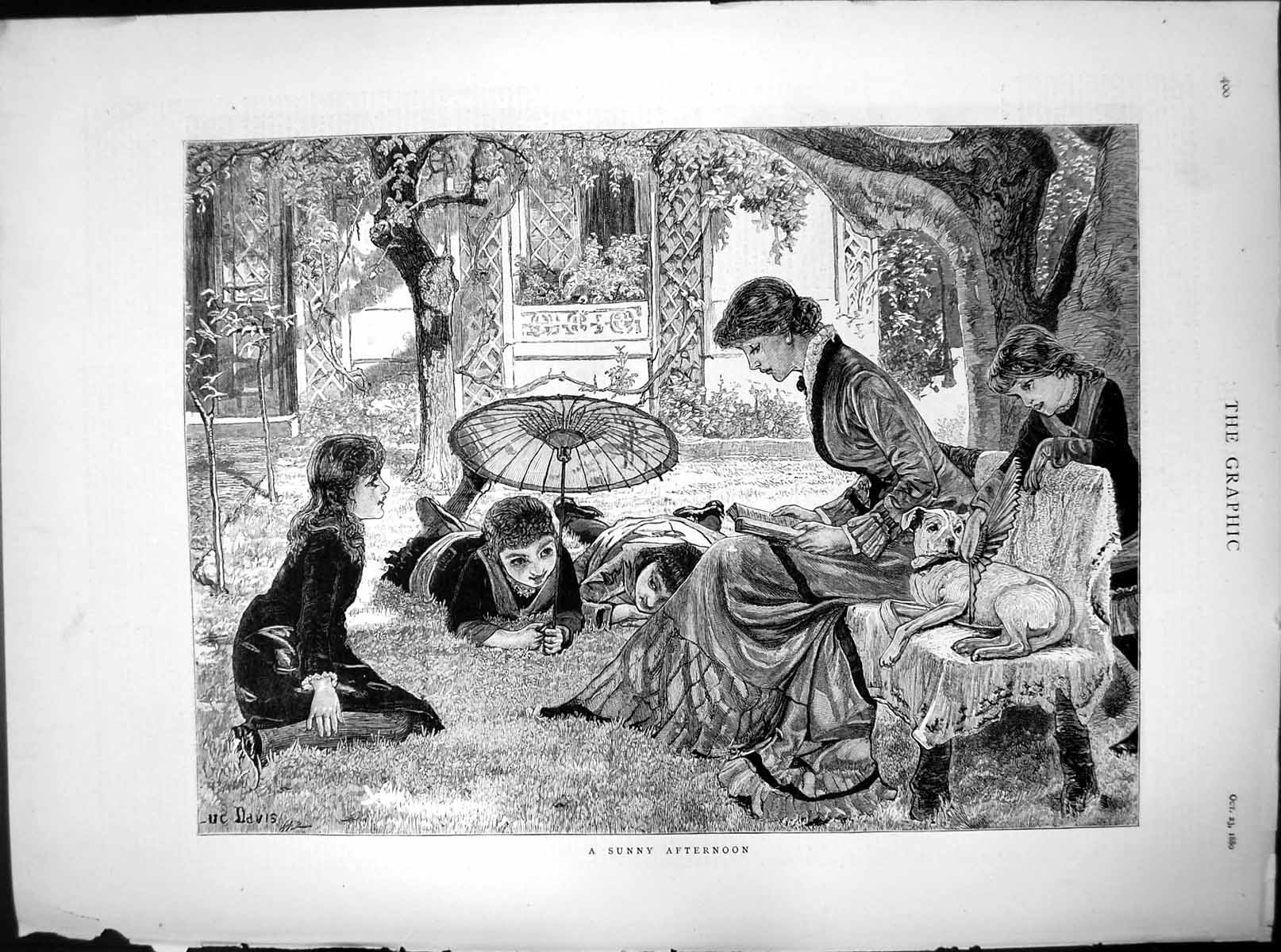 Old Print Sunny Afternoon Female Reading Children Reclining Grass Dog Tree 1880