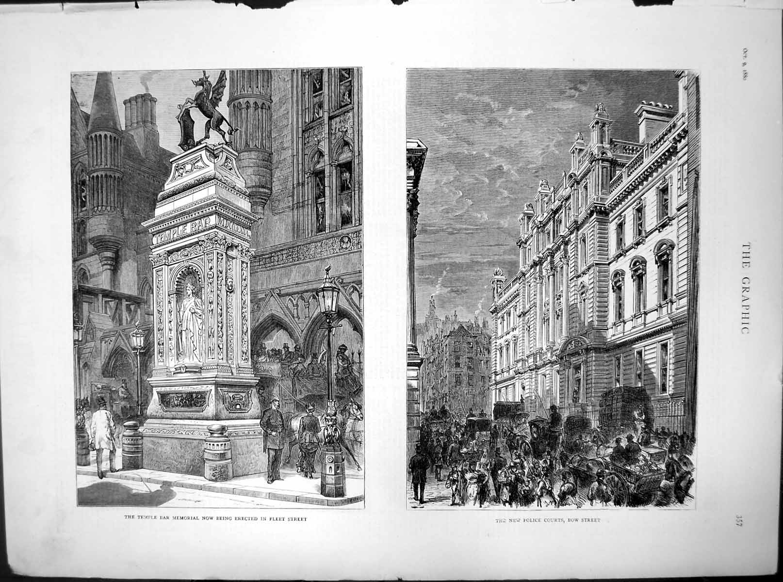 Old Print Temple Bar Memorial Fleet St New Police Courts Bow Street 1880 19th