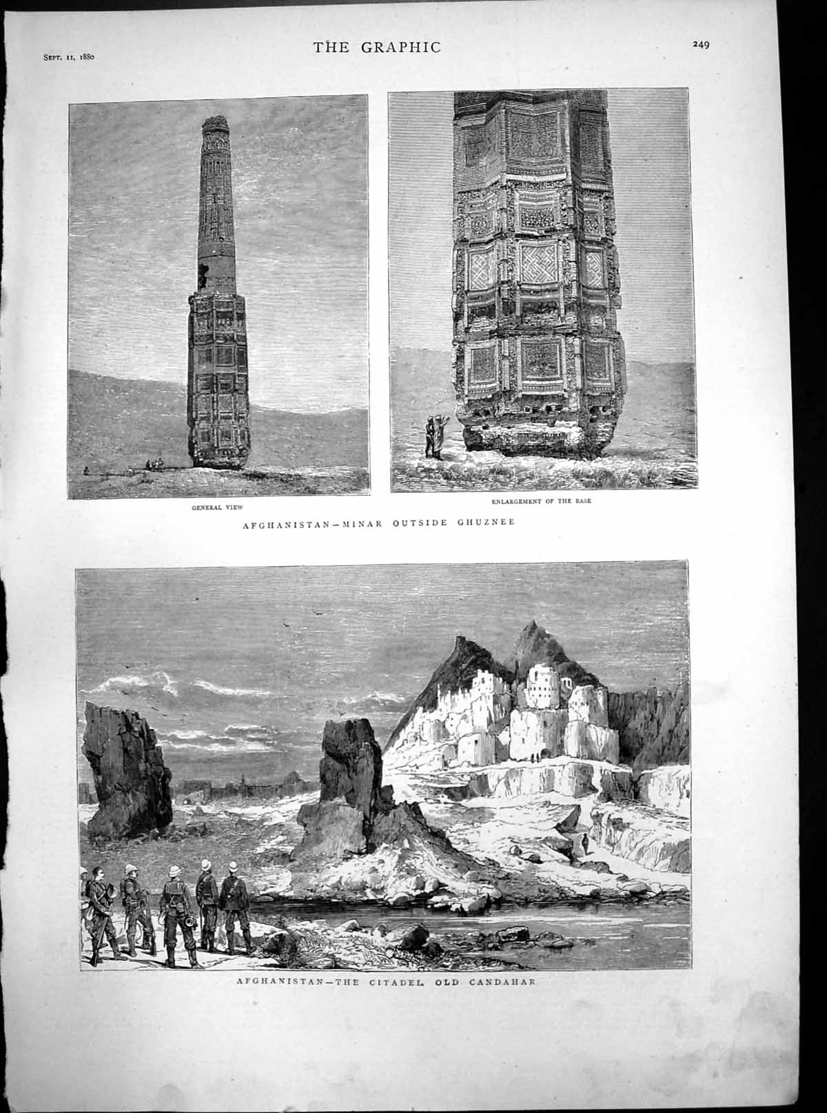 Old Antique Print Afghanistan Minar Outside Ghuznee Citadel Candahar 1880 19th