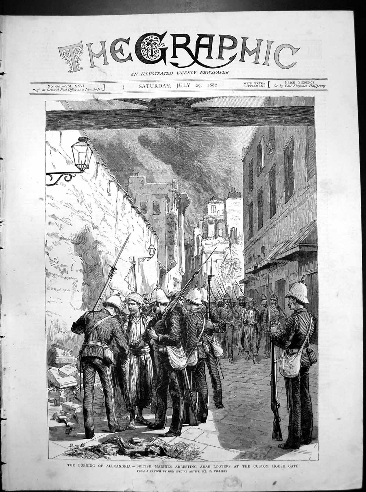 Old Print Burning Alexandria British Marines Arresting Arab Looters 1882 19th