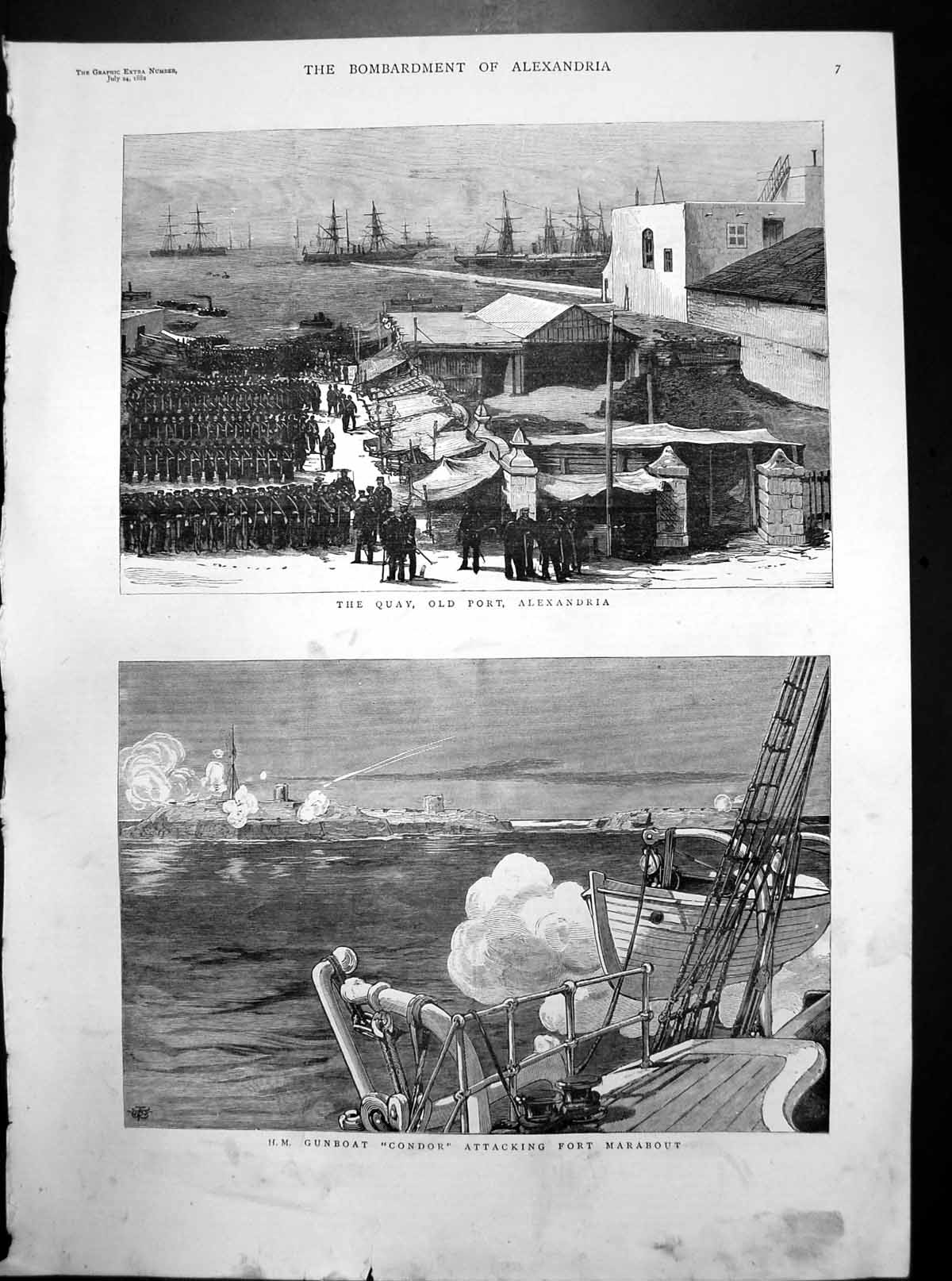 Old Antique Print Bombardment Alexandria Quay Port HM Gunboat Condor 1882 19th