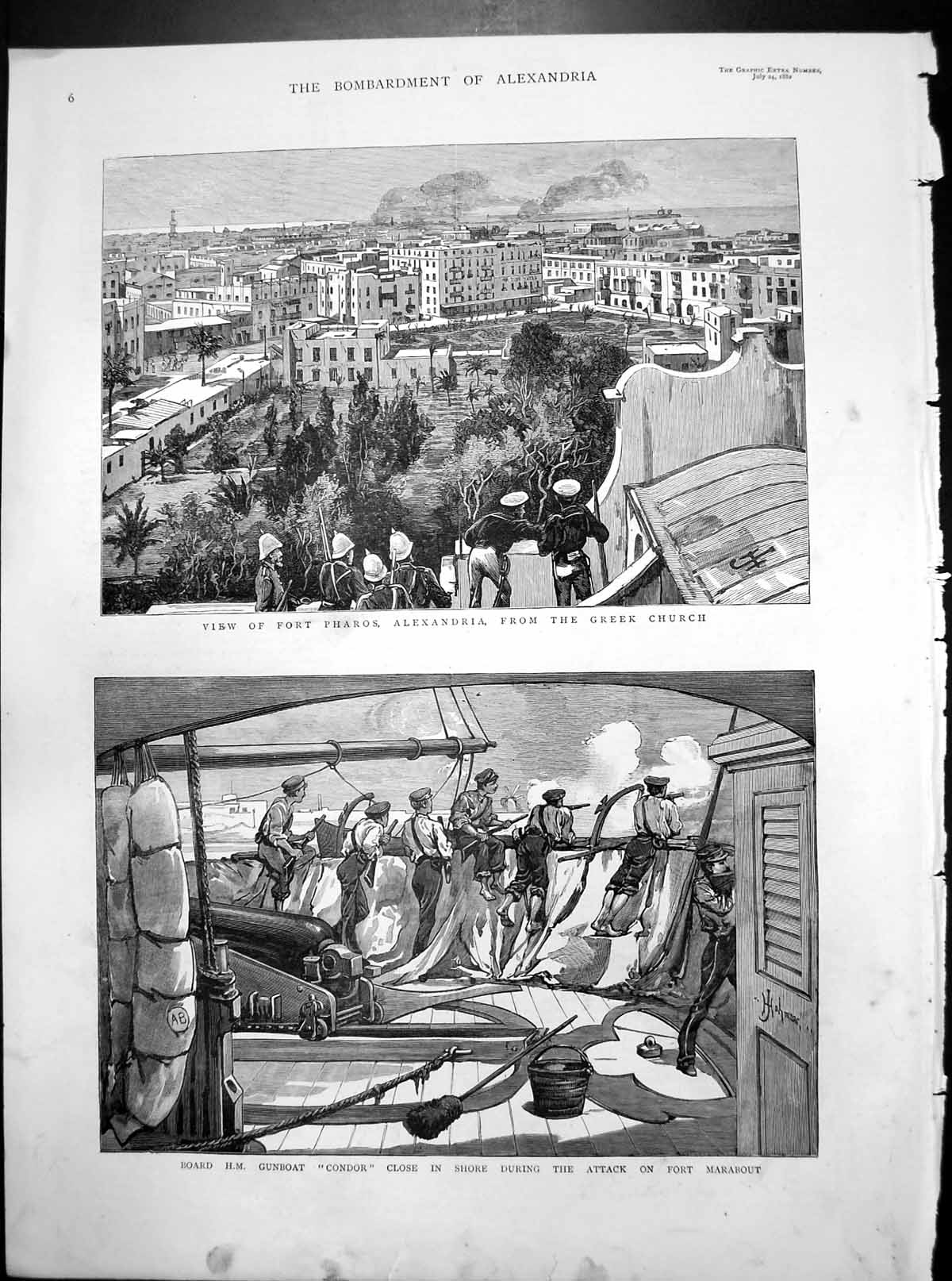 Old Print Bombardment Alexandria Port Pharos HM Condor Close Inshore 1882 19th