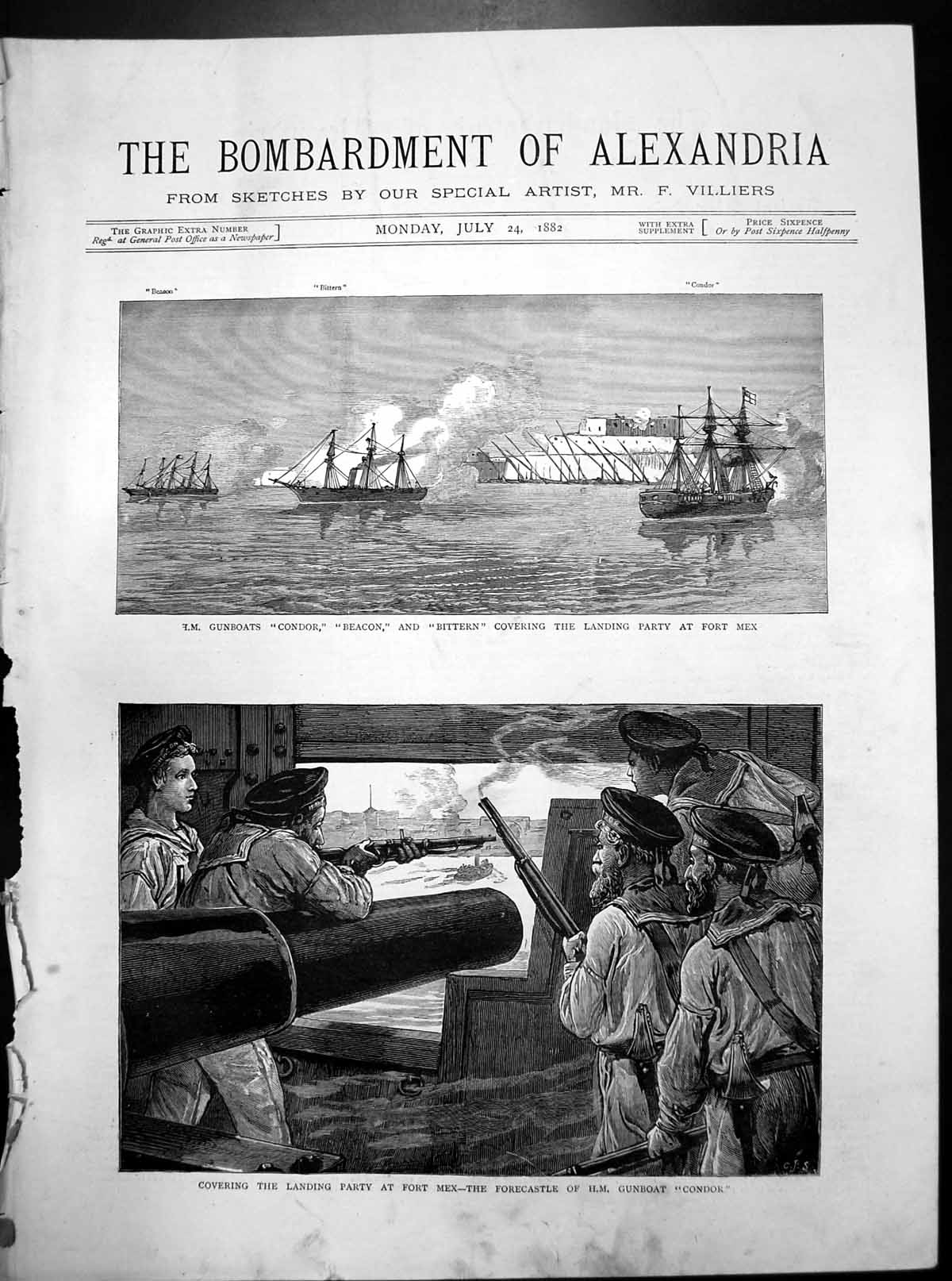 Antique Print Bombardment Alexandria HM Gunboats Condor Bittern Beacon 1882