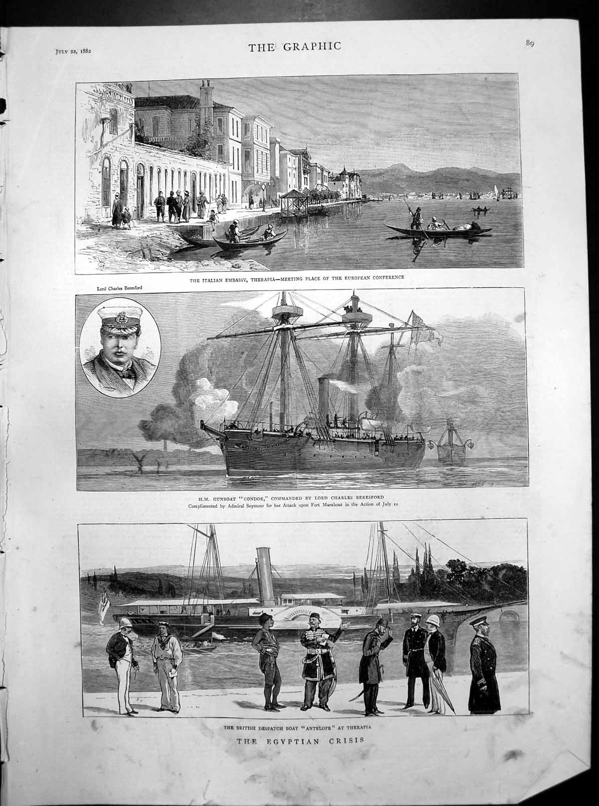 Old Print Egyptian Crisis Italian Embassy HM Gunboat Condor Antelope 1882 19th