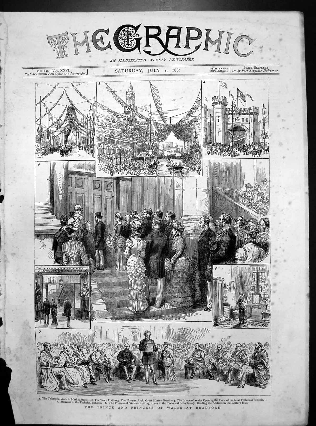 Old Print Prince Princess Wales Bradford Town Hall Technical Schools 1882 19th