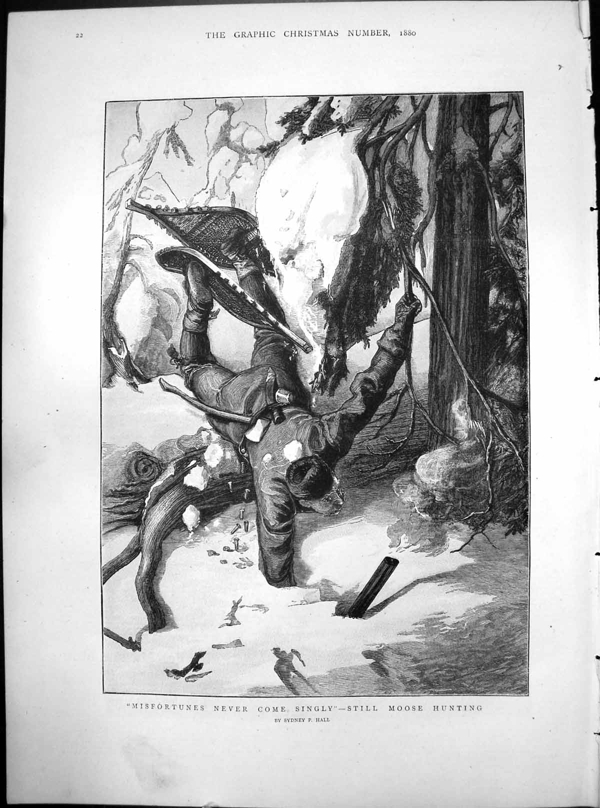 Old Print Misfortune Never Comes Singly Moose Hunting Sydney P Hall 1880 19th