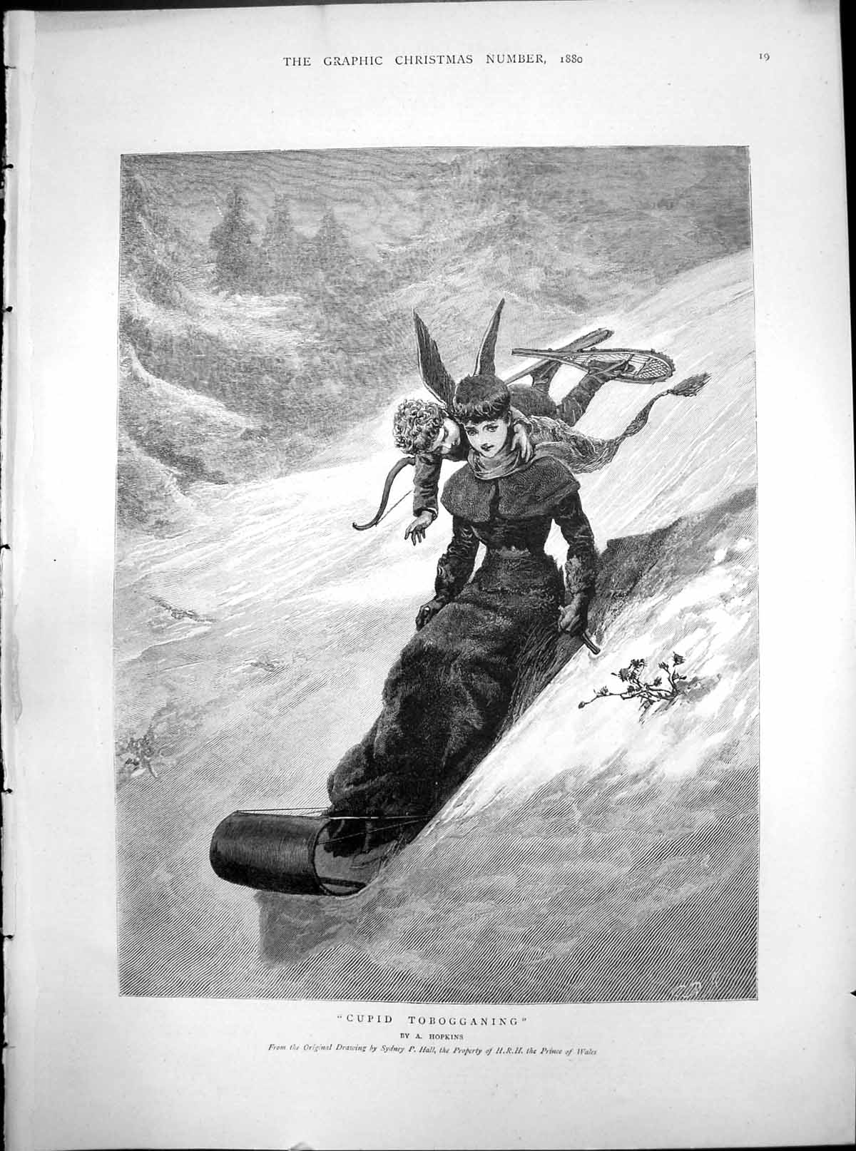 Old Cupid Tobogganing From Picture Sydney P Hall Lady Furs Sledge 1880 19th