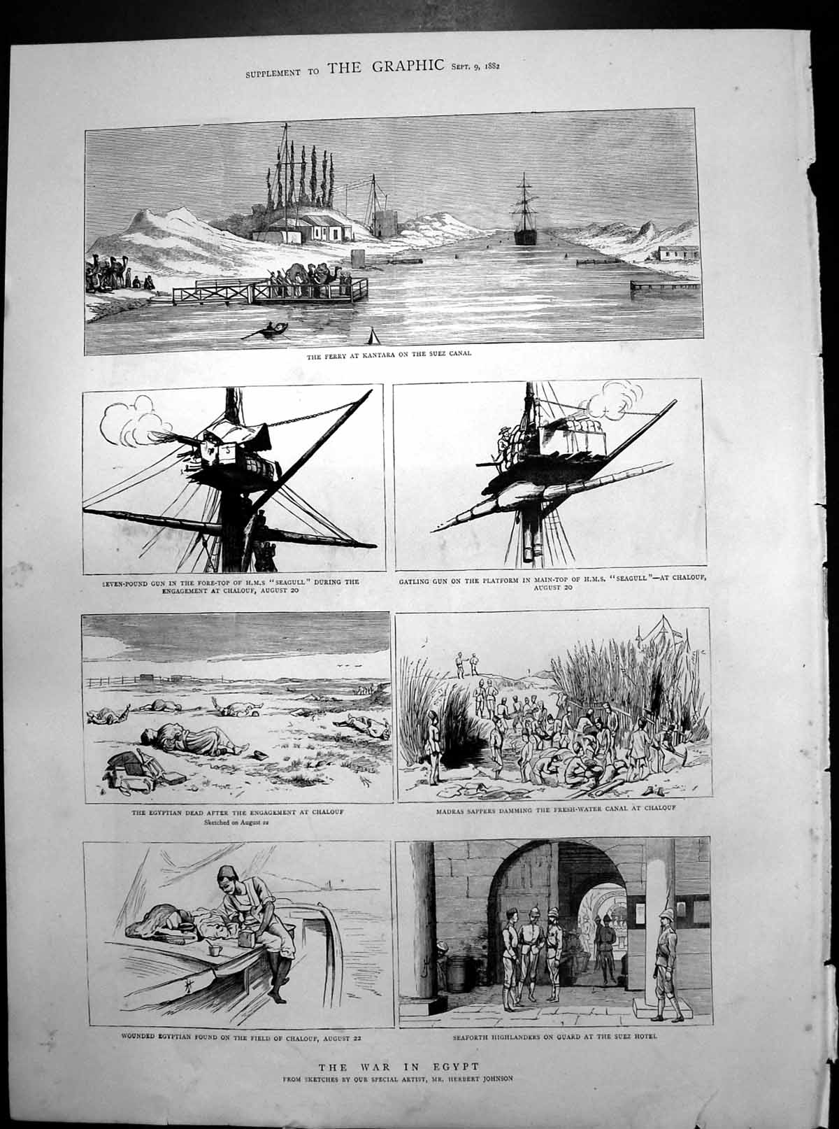 Antique Print War Egypt Ferry Kantara Guns HMS Seagull Chalouf Wounded 1882