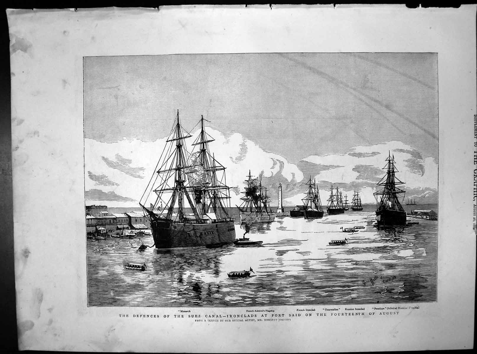 Old Print Defences Suez Canal Ironclads Monarch Tourmaline Penelope 1882 19th
