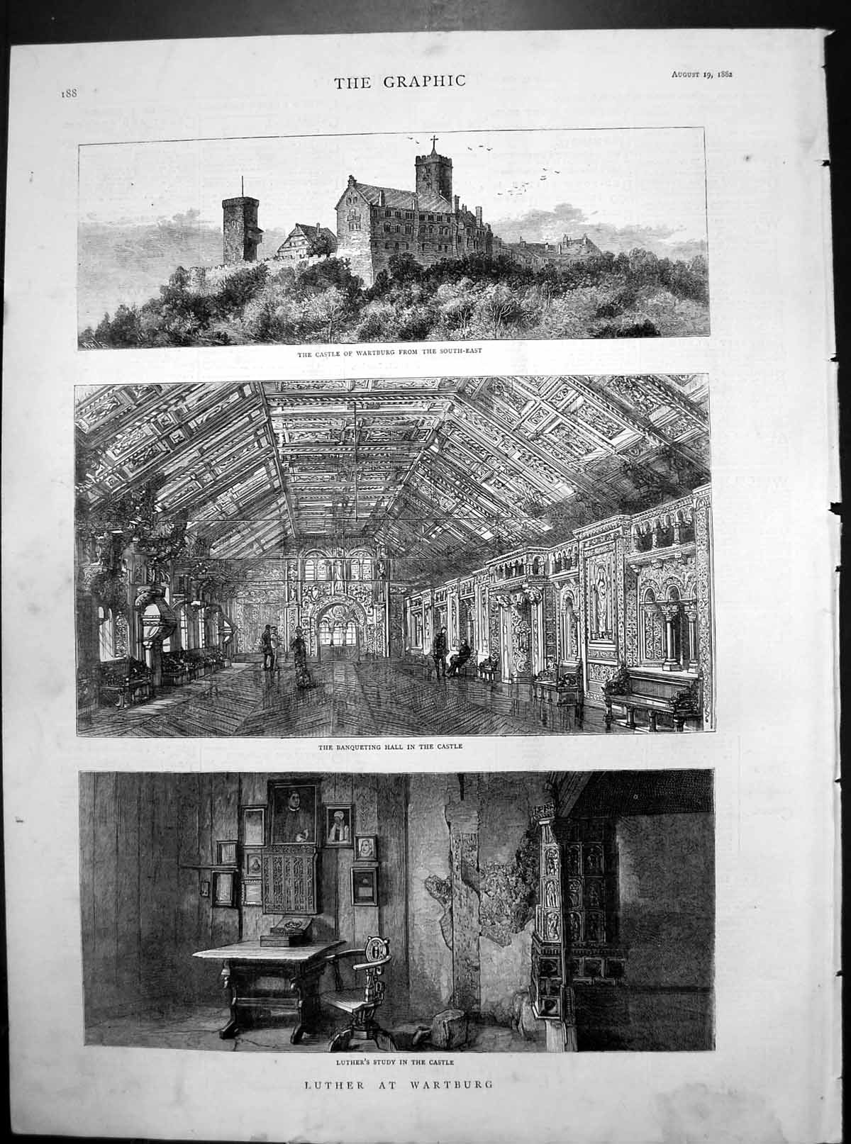 Antique Print Luther Wartburg Castle South East Banqueting Hall Study 1882 19th