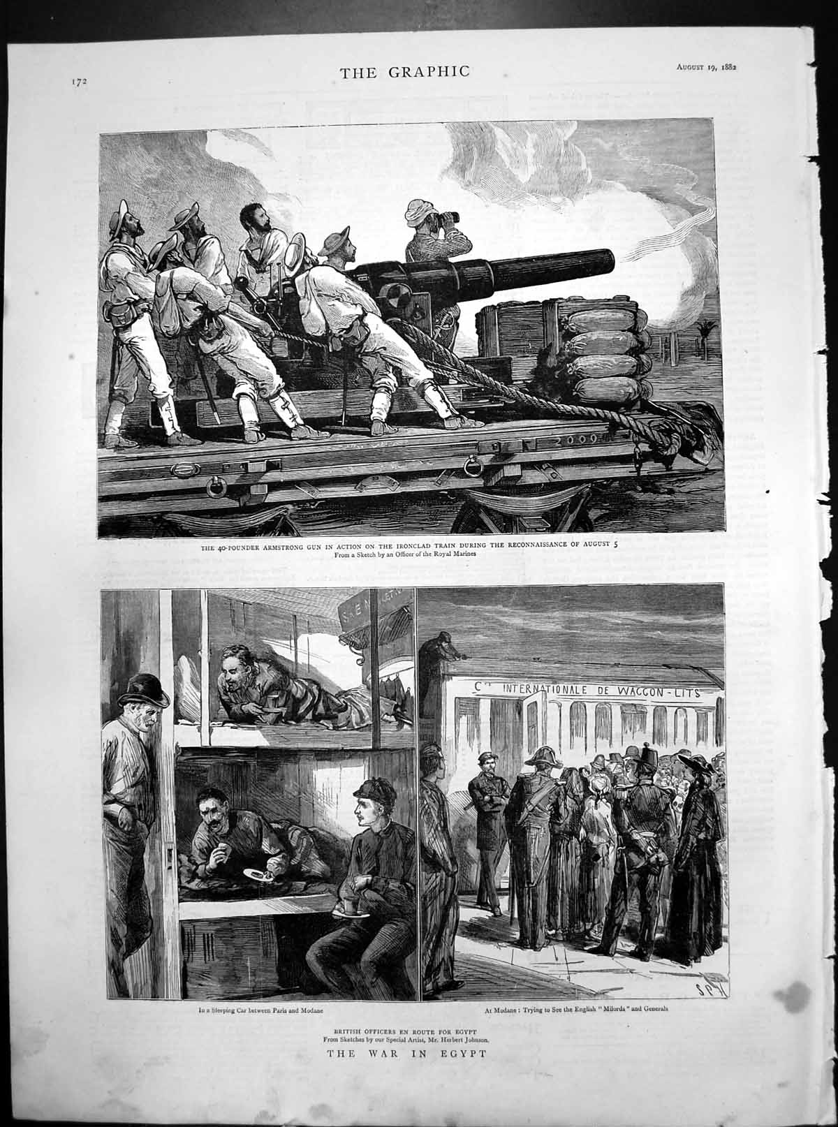 Old Print War Egypt Armstrong Gun Ironclad Train British Officers En Route 1882
