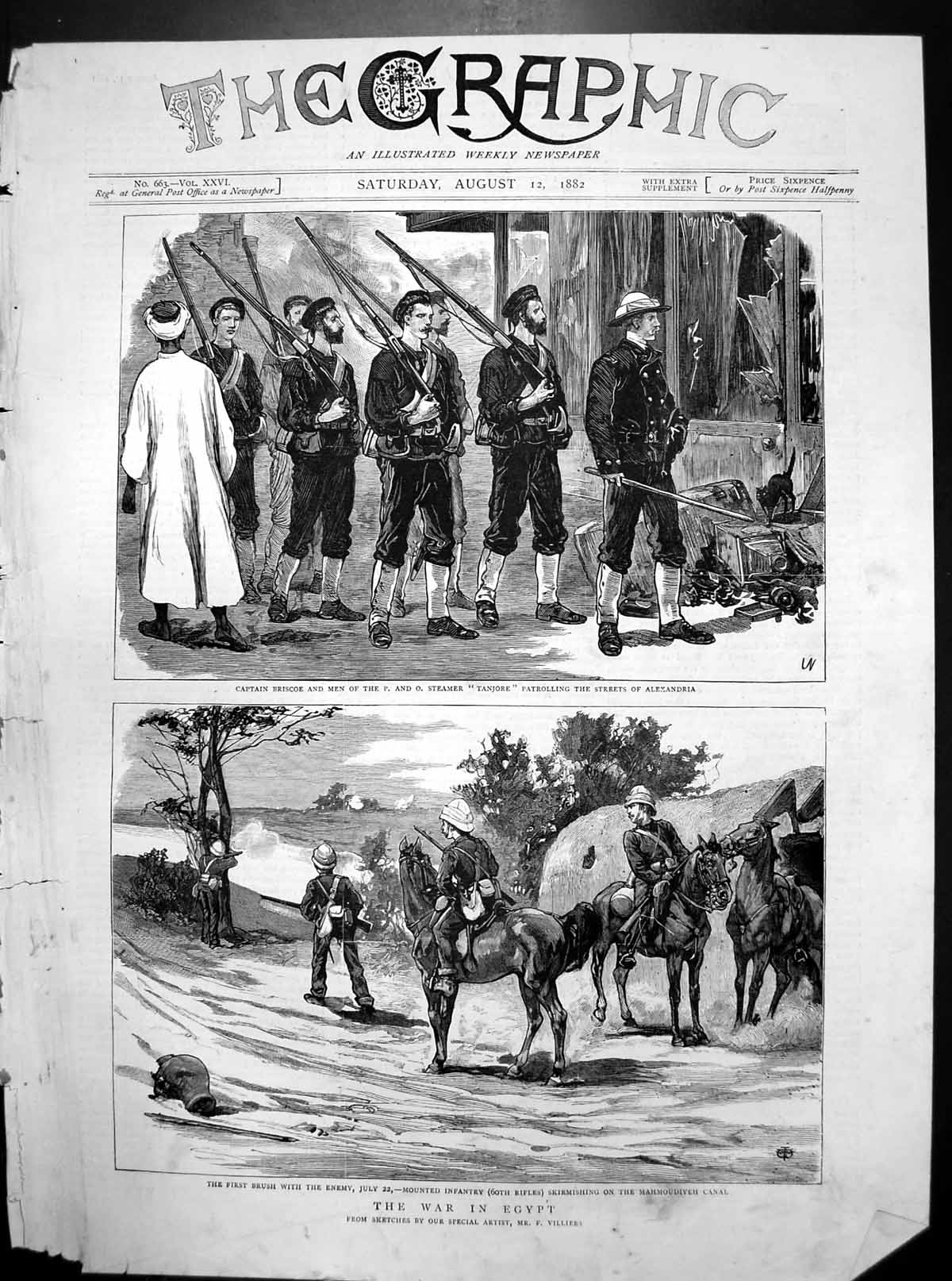 Old Print War Egypt Patrolling Streets Alexandria Mahmoudiyeh Canal 1882 19th