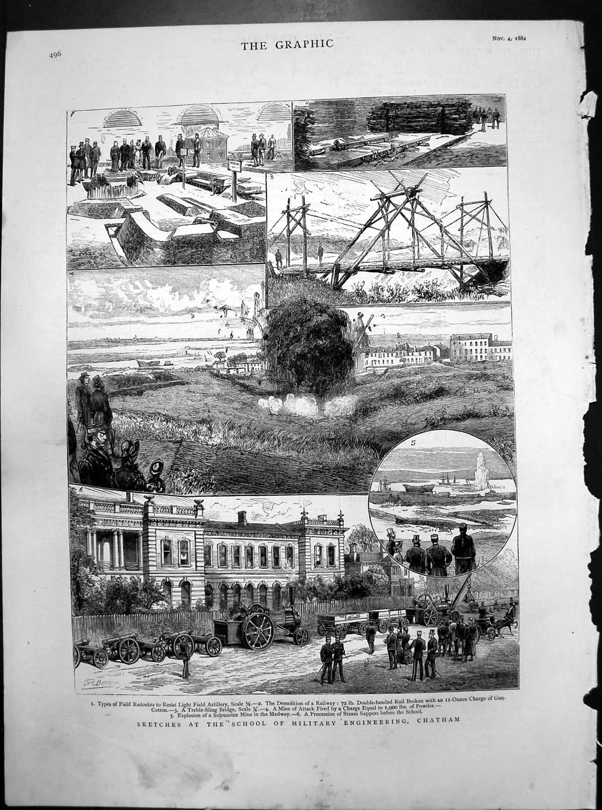 Old Print Sketches School Military Engineering Chatham Steam Sappers 1882 19th