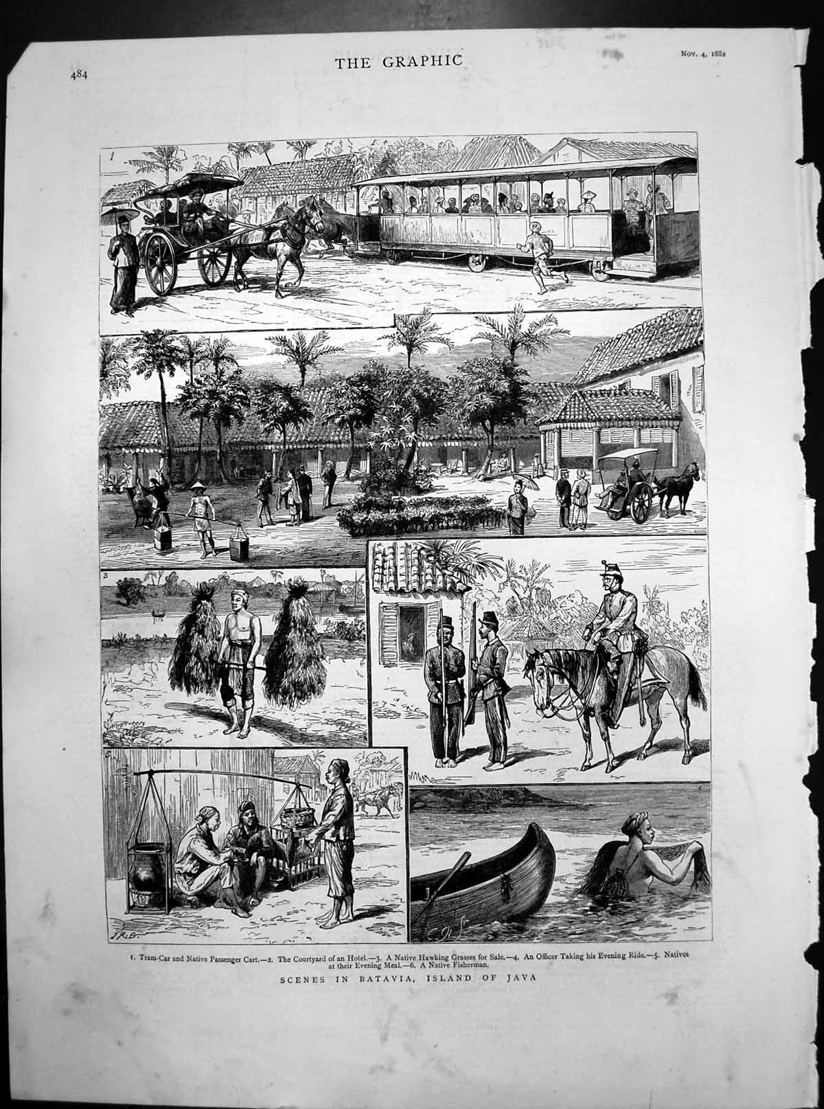 Old Print Scenes Batavia Java Tram Car Native Cart Hawking Grasses Fishing 1882