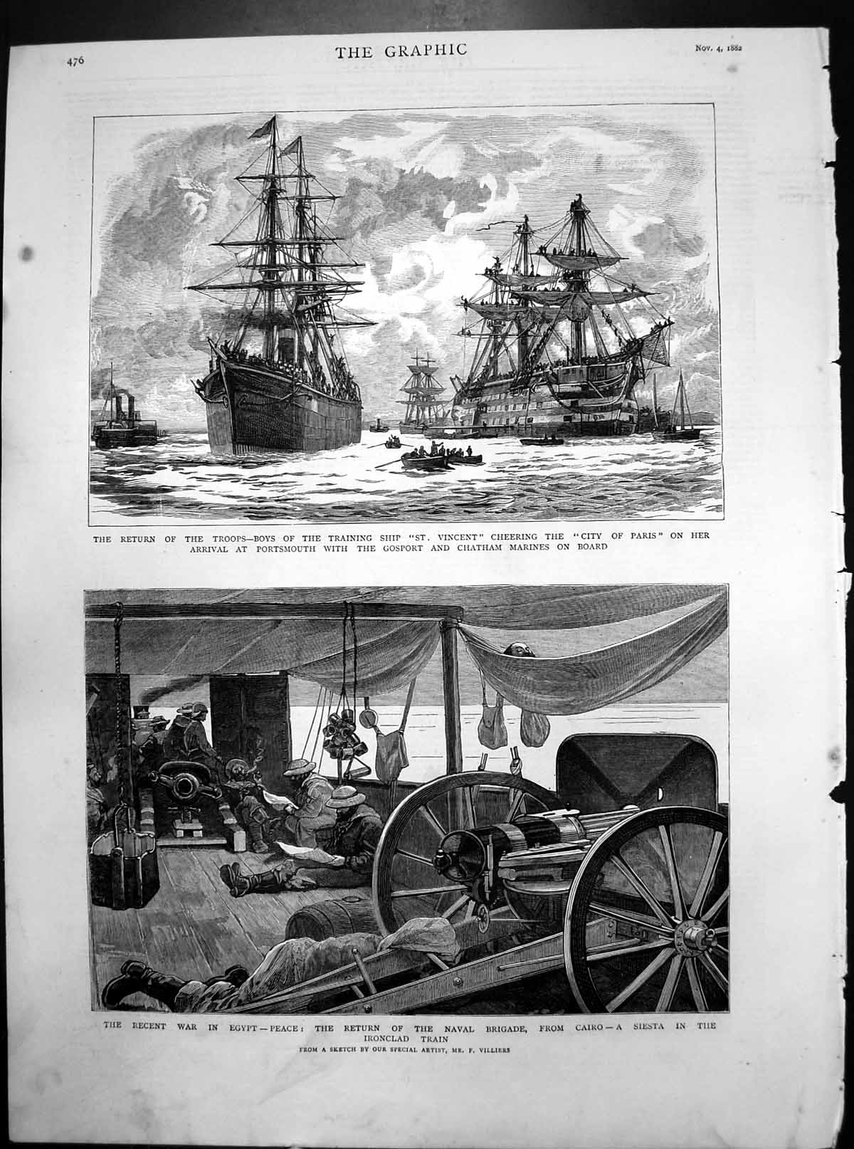 Antique Print Return Troops Egypt City Paris Portsmouth Ironclad Train 1882