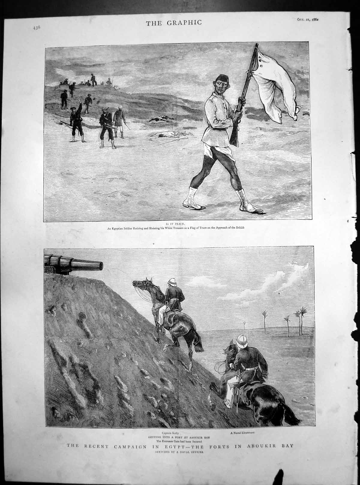 Old Print Recent Campaign Egypt Egyptian Flag Truce Aboukir Bay Fort Entry 1882