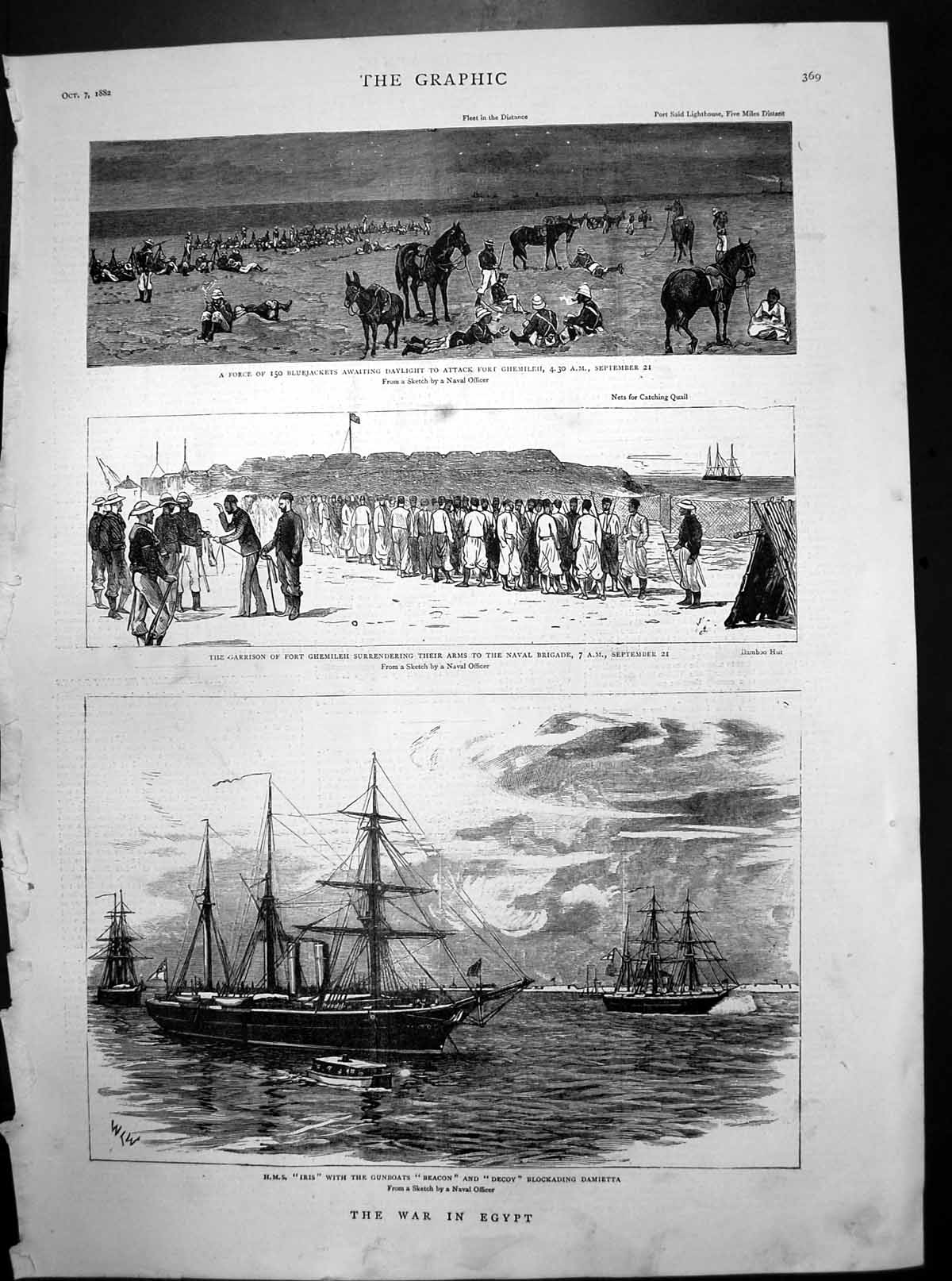 Old War Egypt Attack Fort Ghemileh HMS Iris Gunboats Beacon Decoy 1882 19th