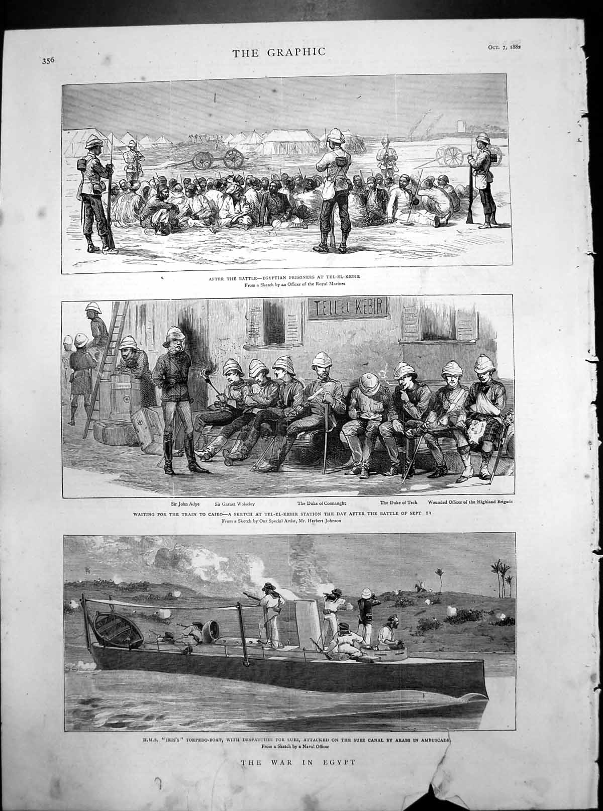 Print War Egypt Tel-El-Kebir Train Cairo HMS Iris Torpedo Boat Attacked 1882