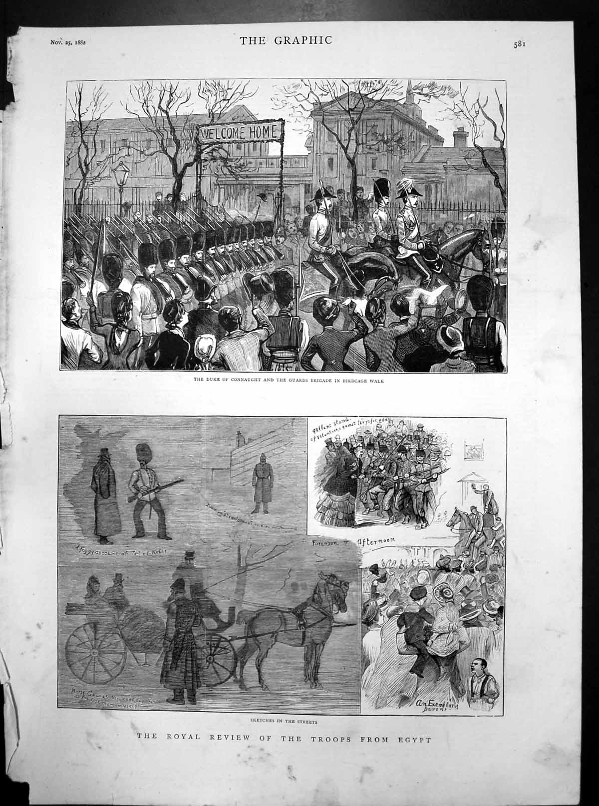 Old Print Royal Review Troops Egypt Duke Connaught Sketches Streets 1882 19th