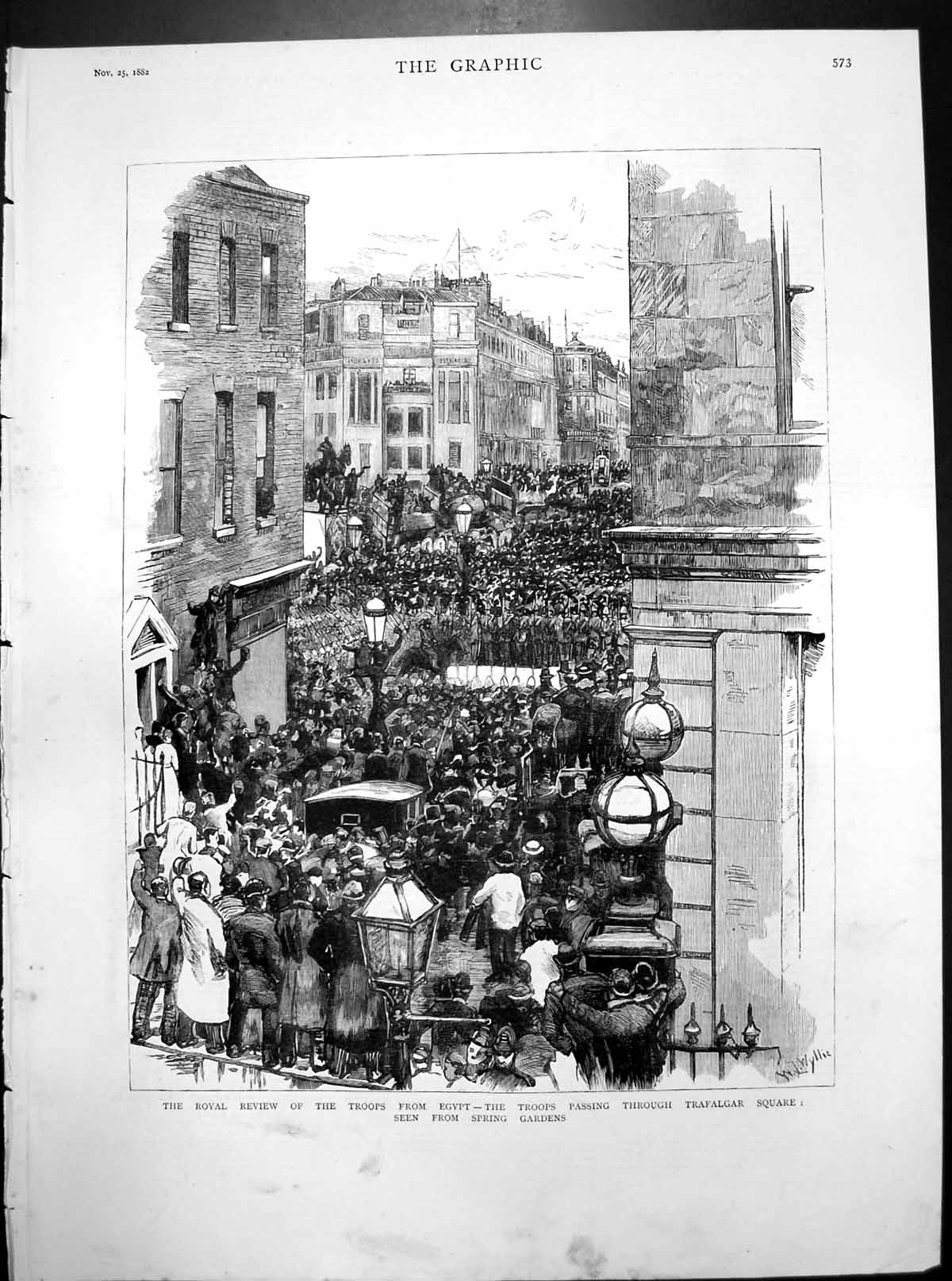 Old Print Royal Review Troops Egypt Trafalgar Square Spring Gardens 1882 19th