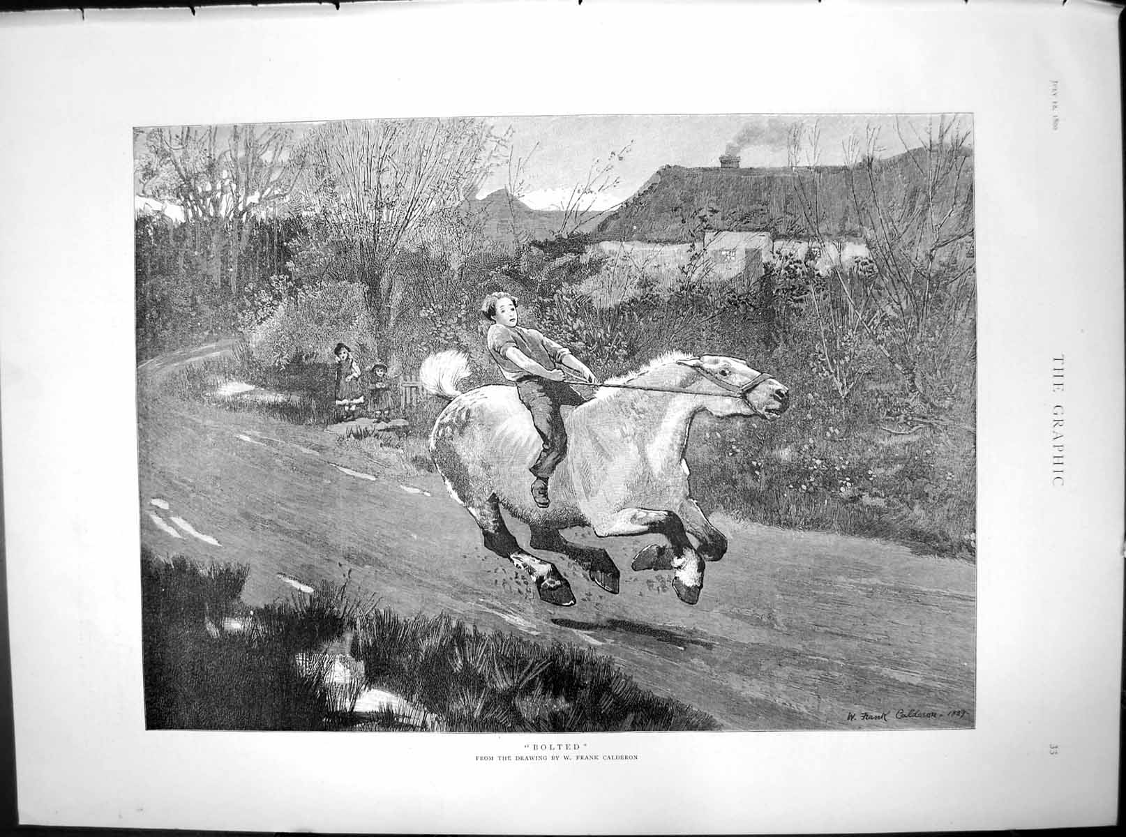 Old Bolted From Drawing W Frank Calderon Horse Bareback Children 1890 Victorian