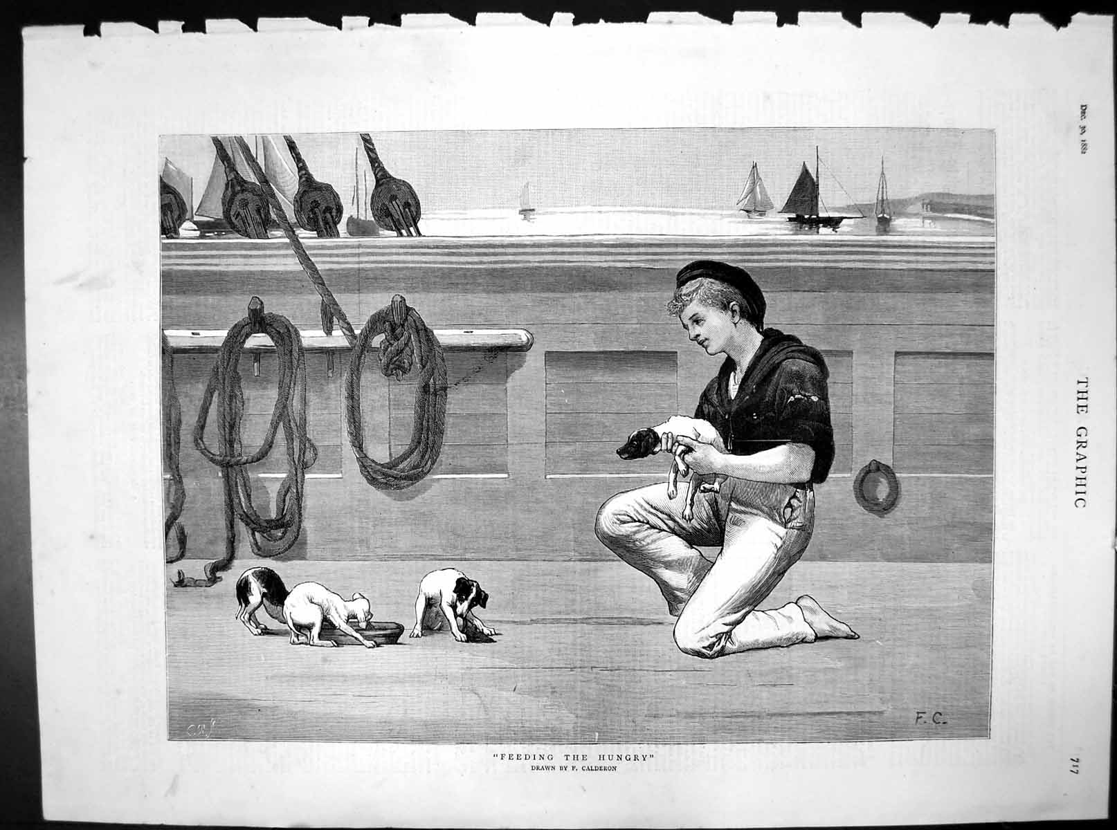Old Print Feeding The Hungry Drawn F Calderon Young Shipman Puppies 1882 19th