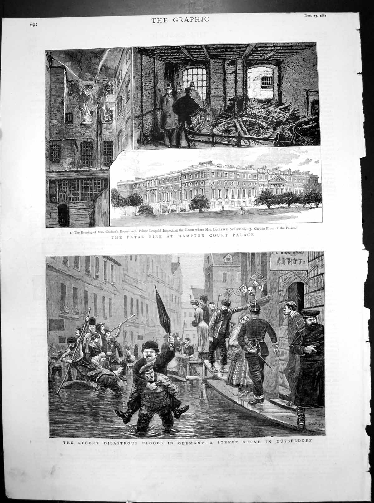 Old Print Fatal Fire Hampton Court Palace Disastrous Floods Germany 1882 19th