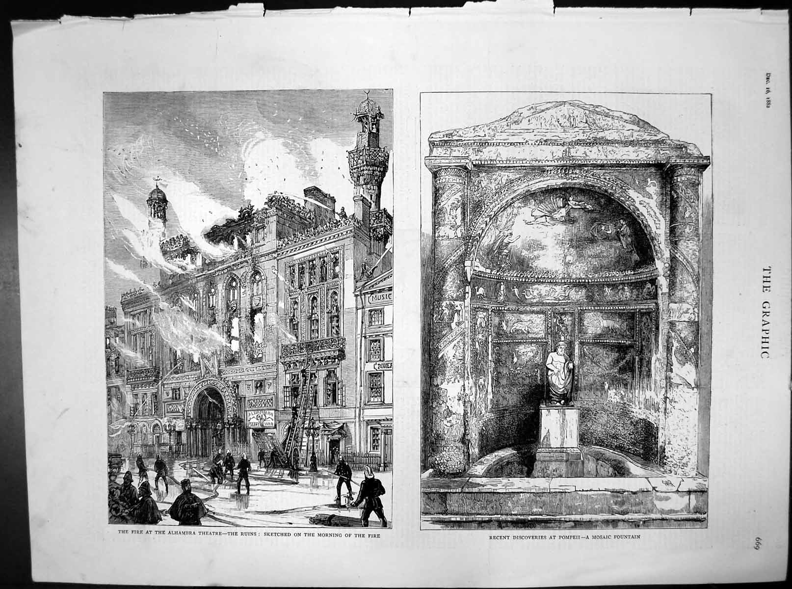 Old Print Fire Alhambra Theatre Recent Discoveries Pompeii Mosaic Fountain 1882