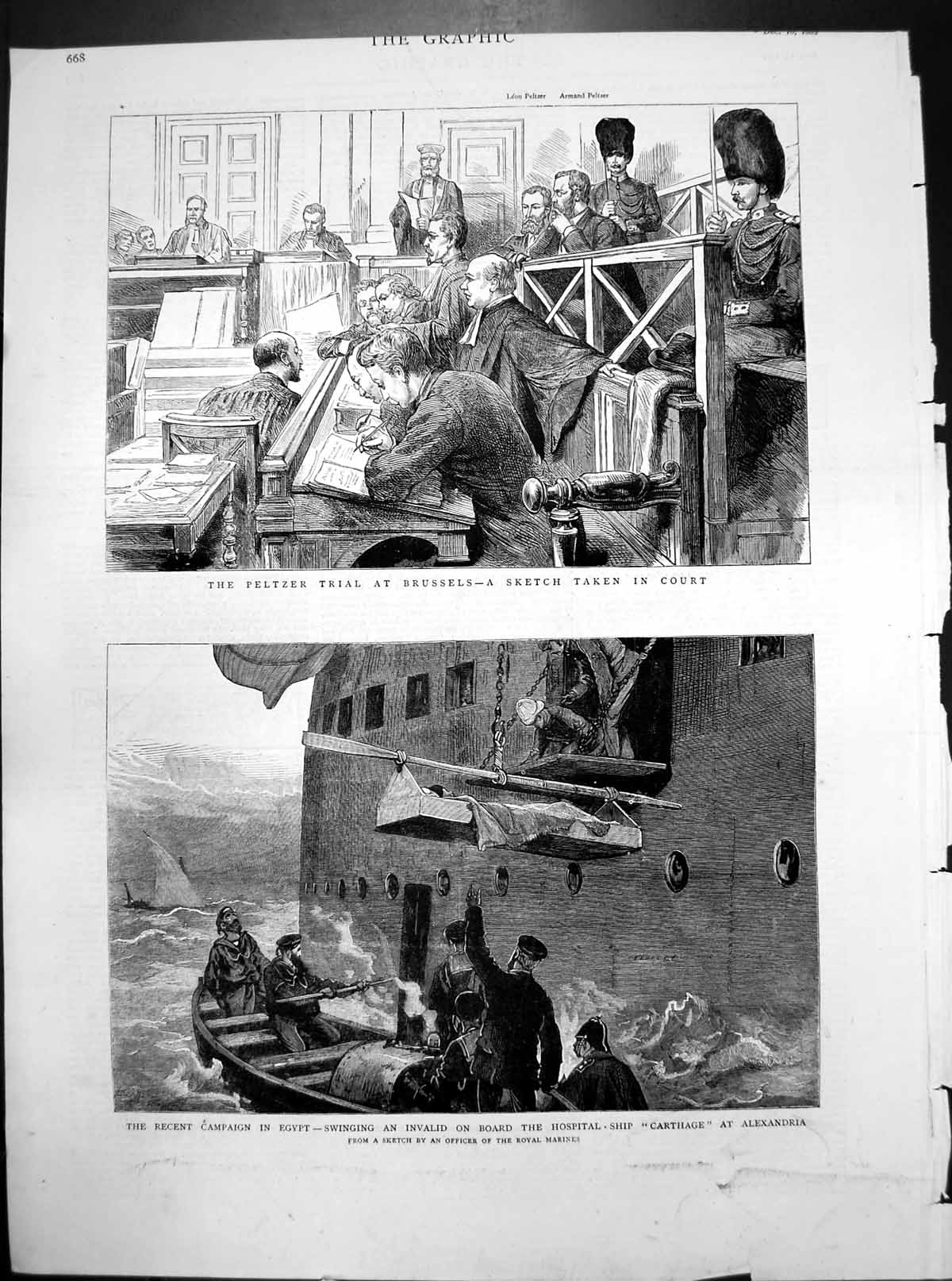 Old Print Peltzer Trial Brussels Court Sketch Egypt Hospital Ship Carthage 1882