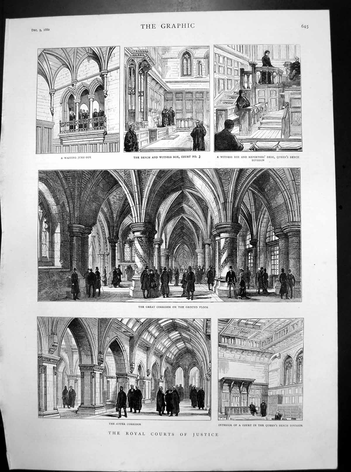 Old Print Royal Courts Justice Jury Box Bench Witness Great Corridor 1882 19th