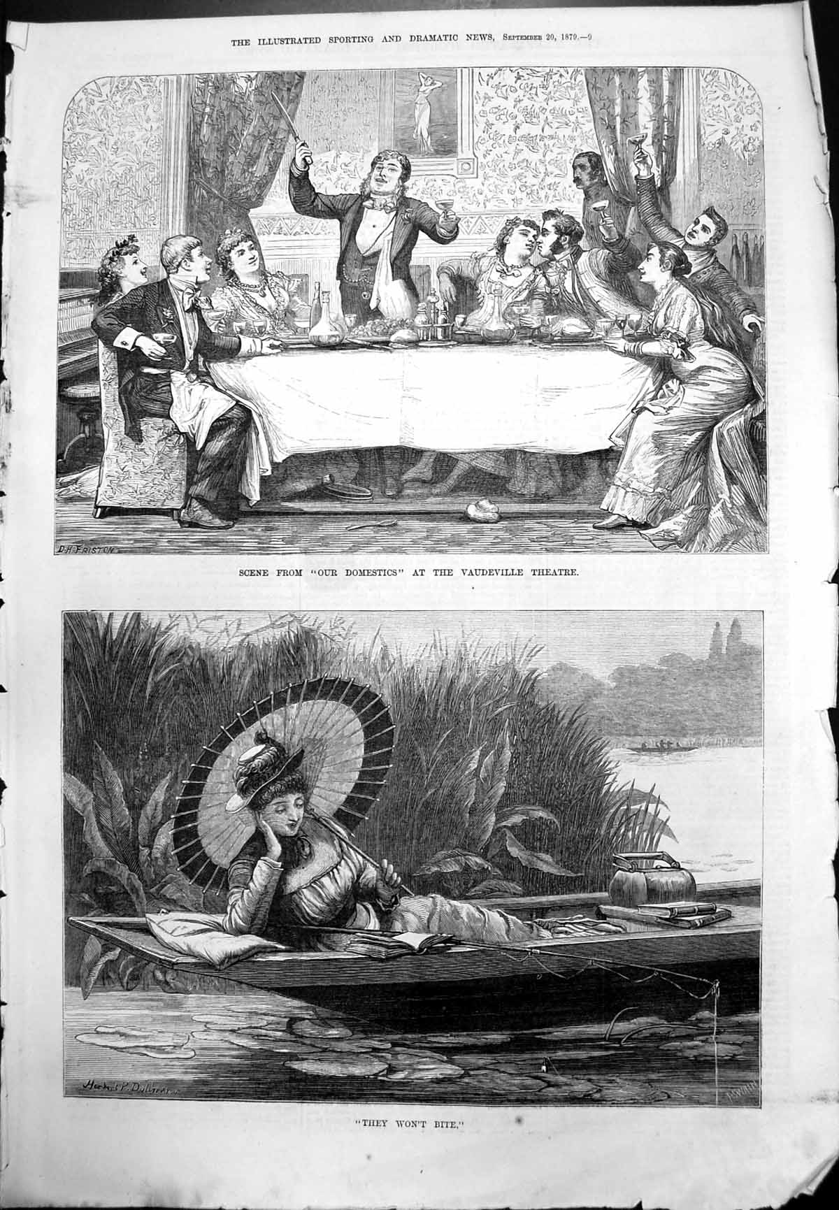 Old Our Domestics Play Vaudeville Theatre Lady Parasol Boat Fishing 1879 19th