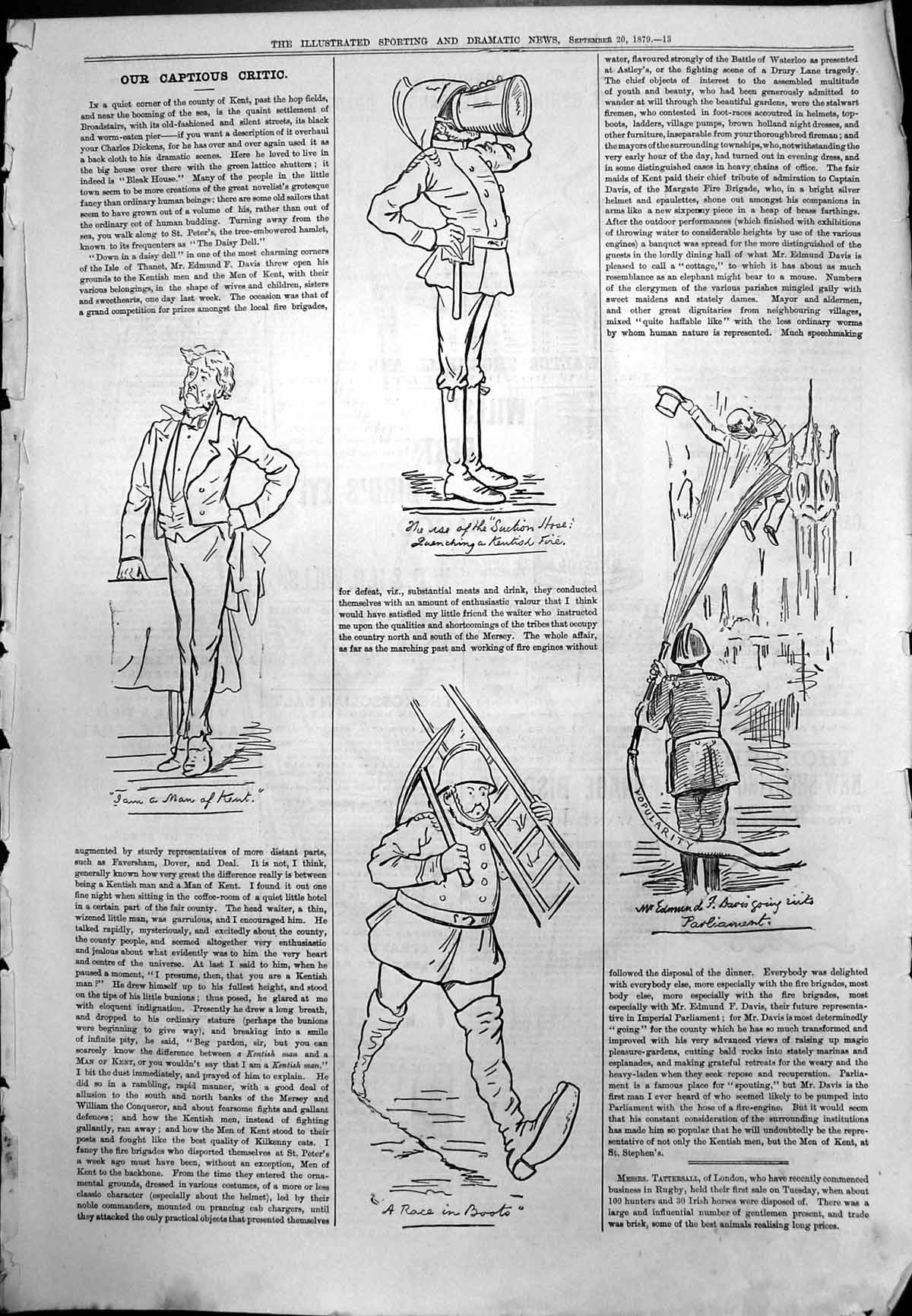 Old Print Kent Humourous Sketches Firemen Houses Parliament EJ Davis 1879 19th
