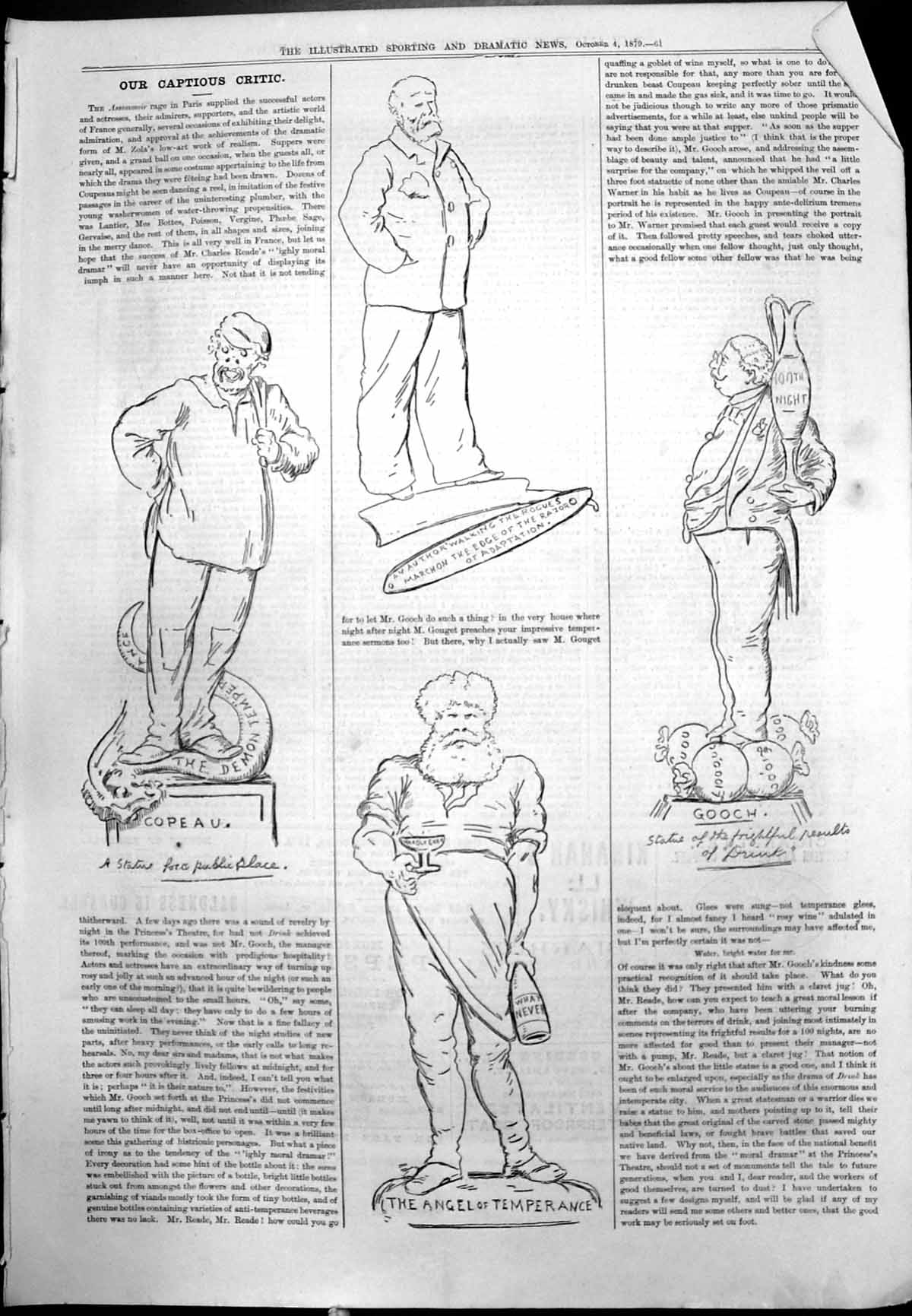 Old Print Captious Critic Copeau Statue Angel Temperance Razor Gooch 1879 19th
