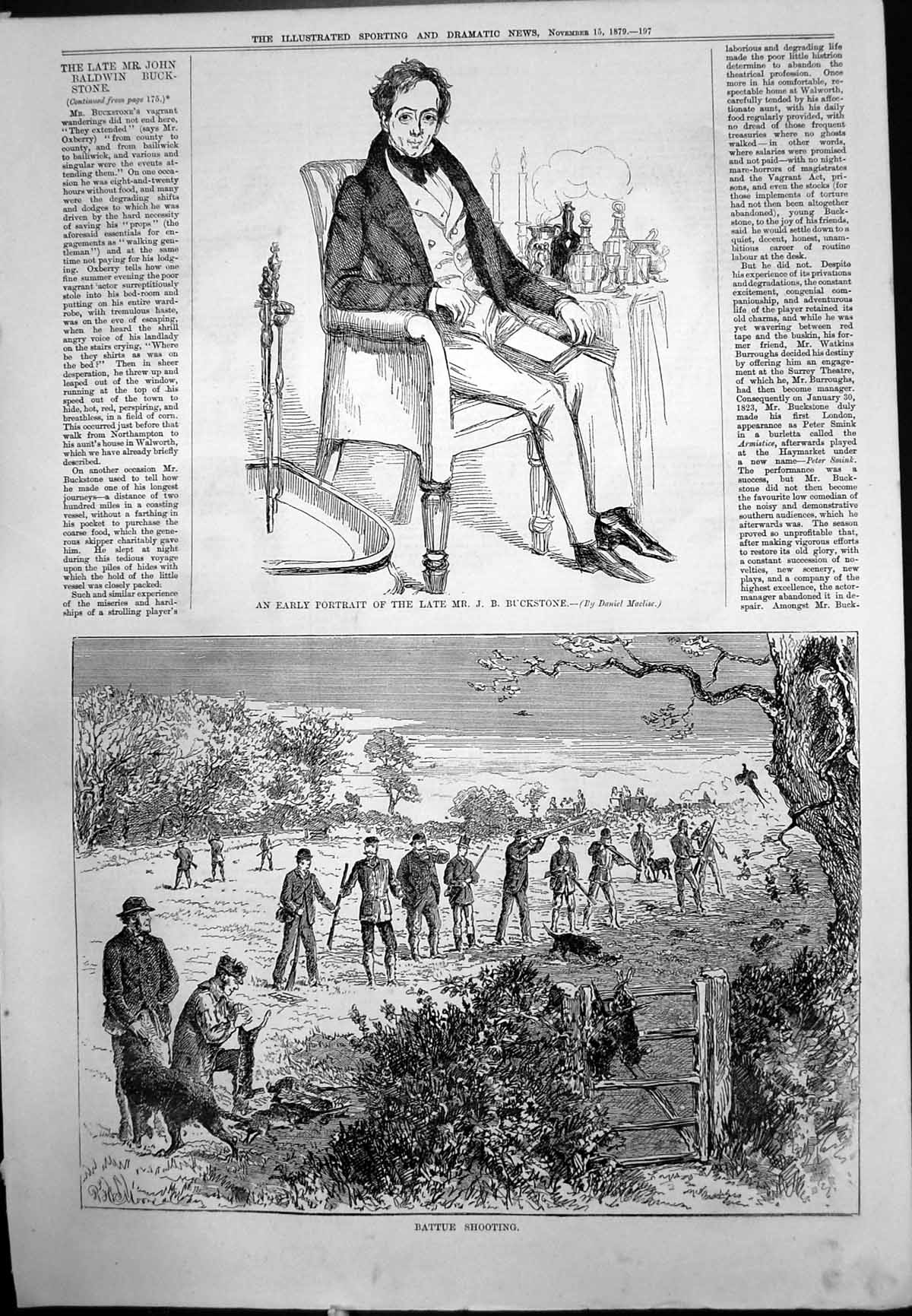 Antique Print Portrait JBBuckstone Battue Shooting Dogs Hare Pheasant 1879 19th