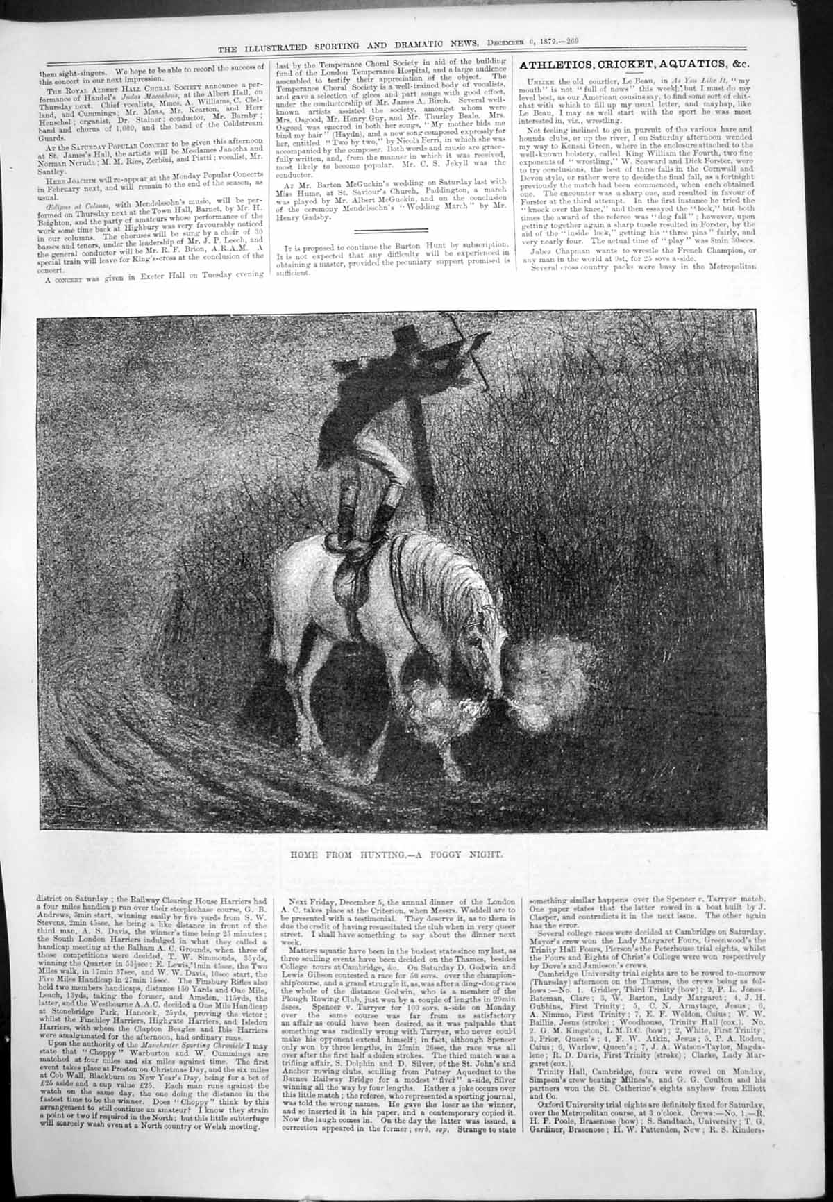 Old Print Home Hunting Foggy Night Man Astride Horse Standing Breath 1879 19th