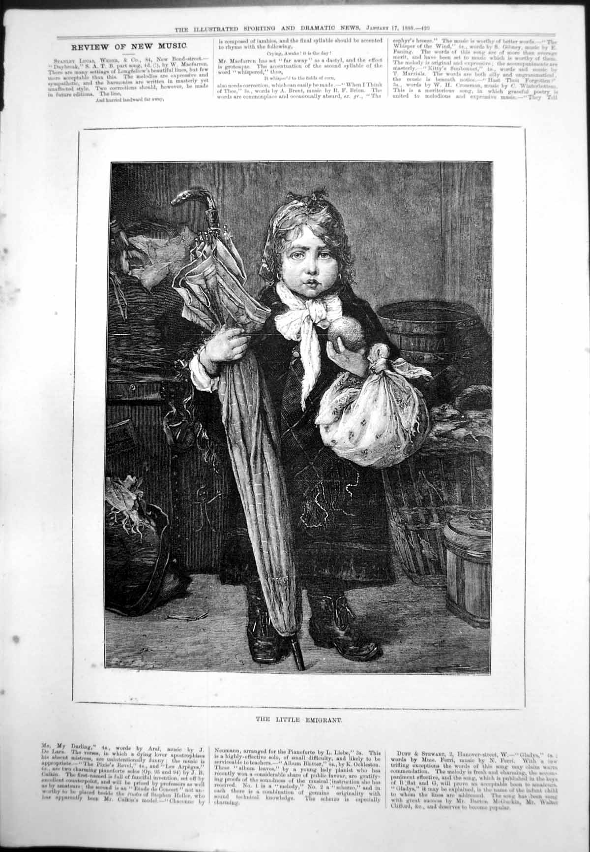 Old Print Little Emigrant Long Umbrella Bundle Belongings Boots Coat Scarf 1880
