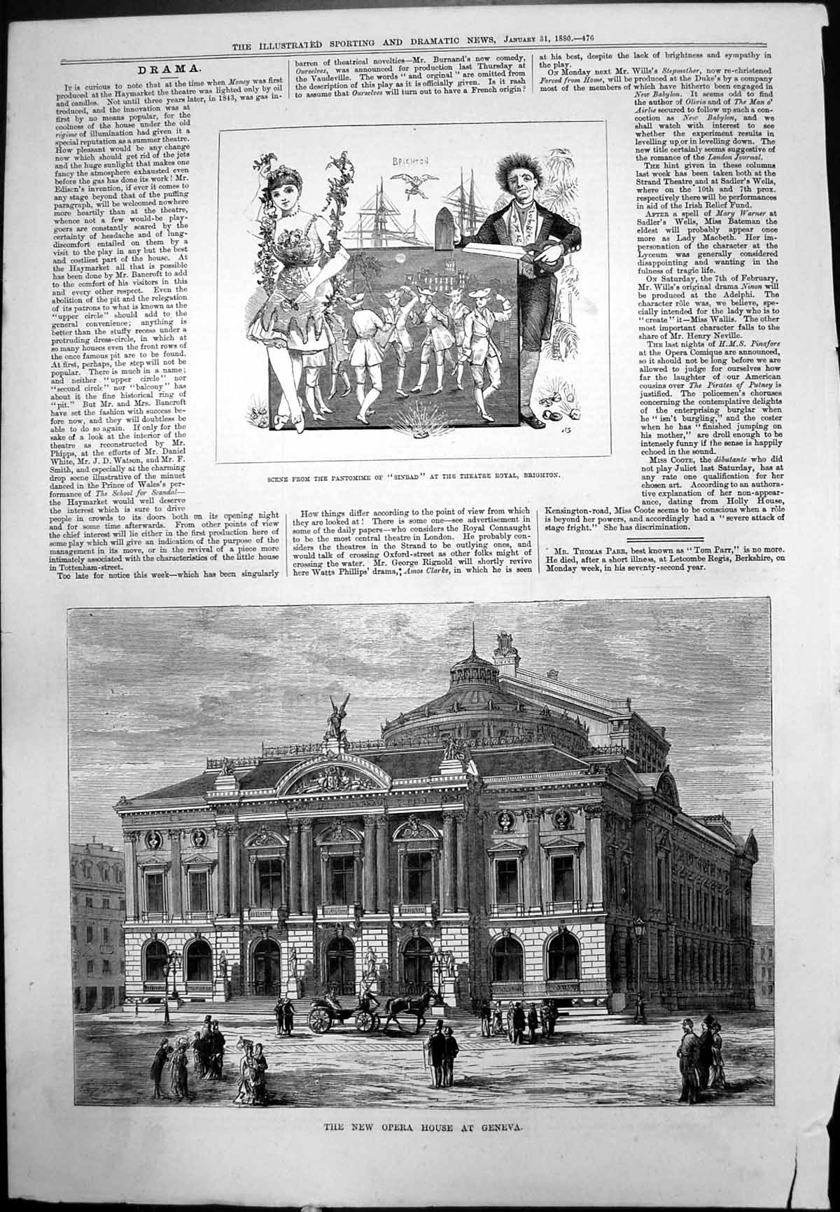 Old Print Sinbad Theatre Royal Brighton Scene New Opera House Geneva 1880 19th