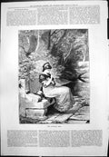Old Print Engaged Ring Lady Seated Woodland Bench River Bridge Trees 1880 19th