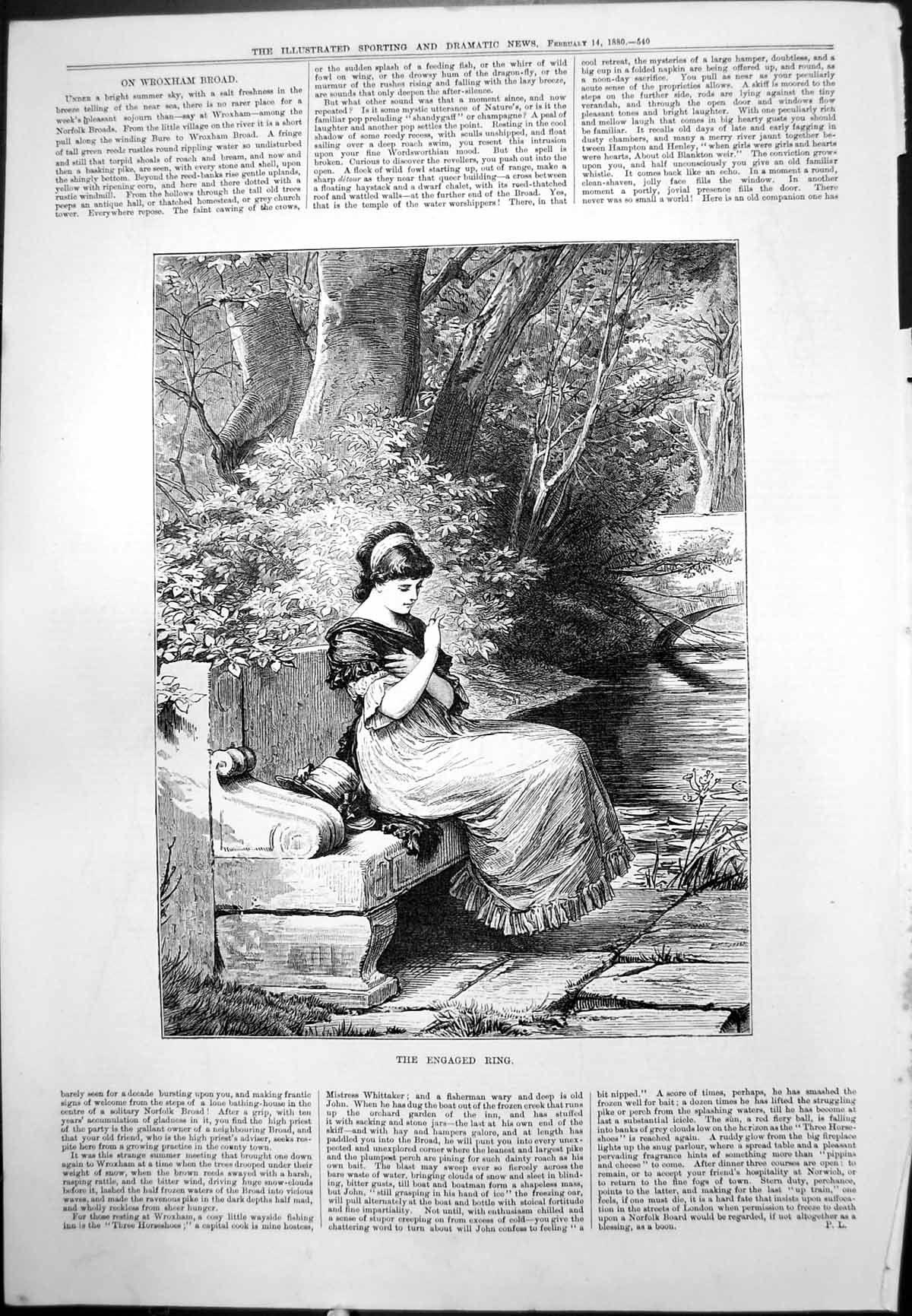 Old Print Engaged Ring Lady Seated Woodland Bench River Bridge Trees 1880 19th