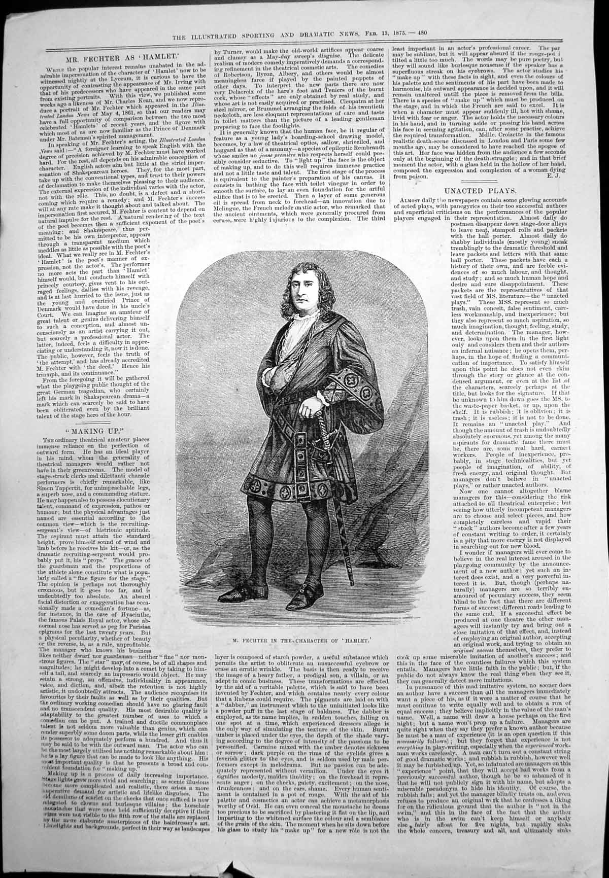 Antique Old Print M Fechter Character Hamlet Full Costume Portrait Sword 1875