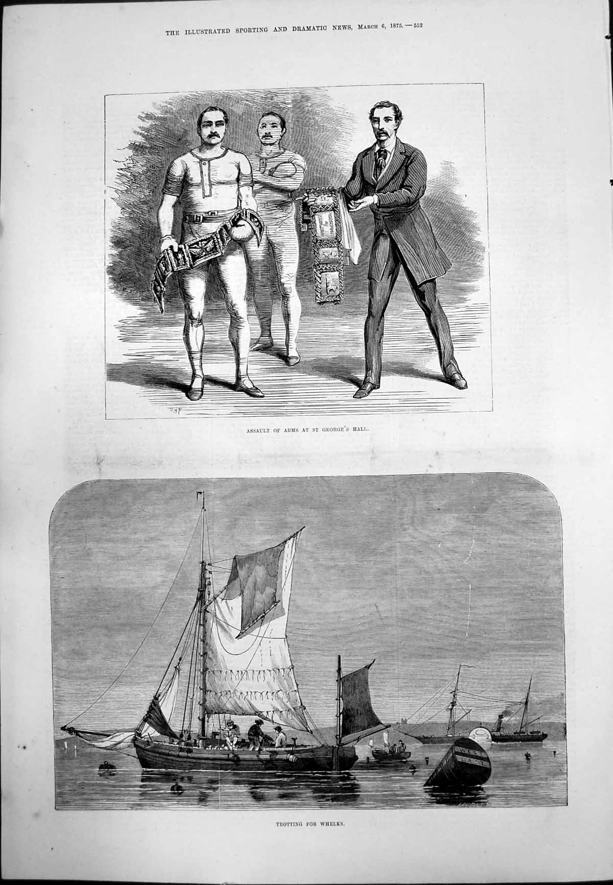 Old Print Assault Arms St Georges Hall Wrestling Trotting For Whelks 1875 19th