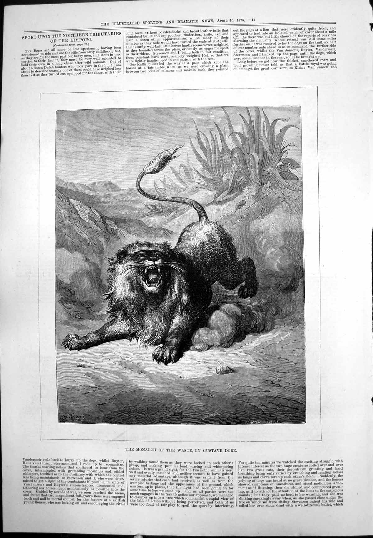 Old Print Monarch Waste Gustave Dore Fearsome Lion Claws Dusty Cacti 1875 19th