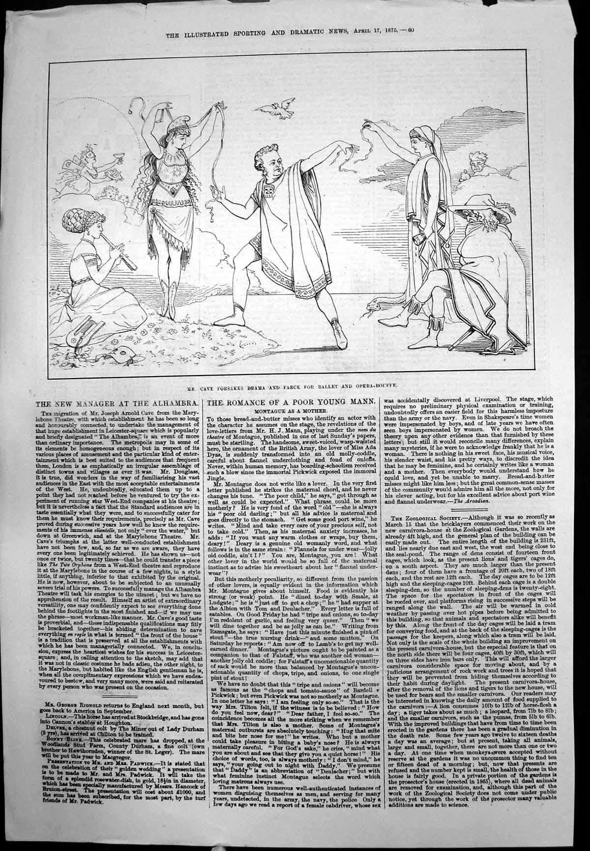 Old Print Mr Cave Forsakes Drama Farce Ballet Opera-Bouffe Alhambra 1875 19th