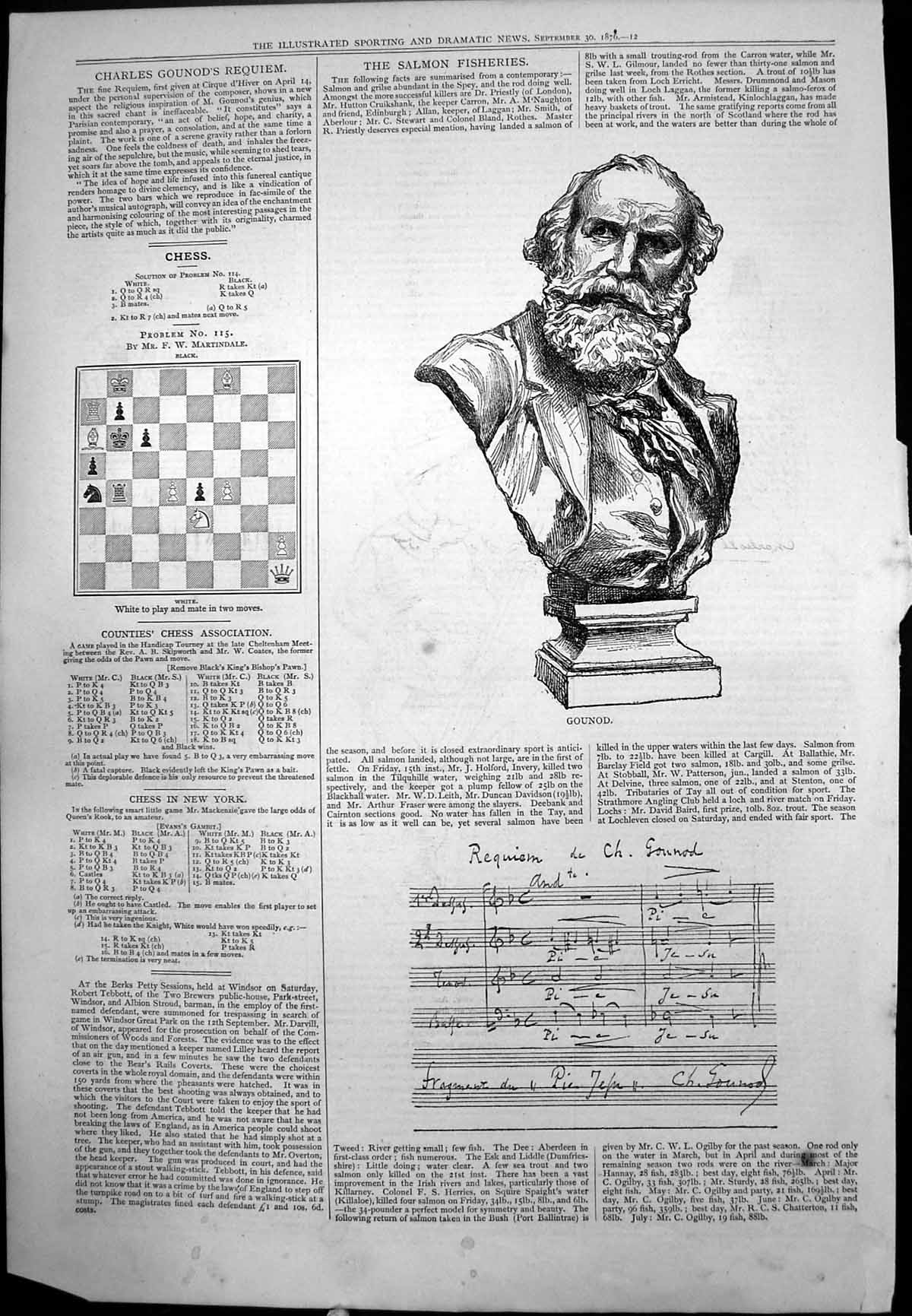Antique Old Print Gounod Bust Fragment From Requiem De Ch Music Score 1876 19th