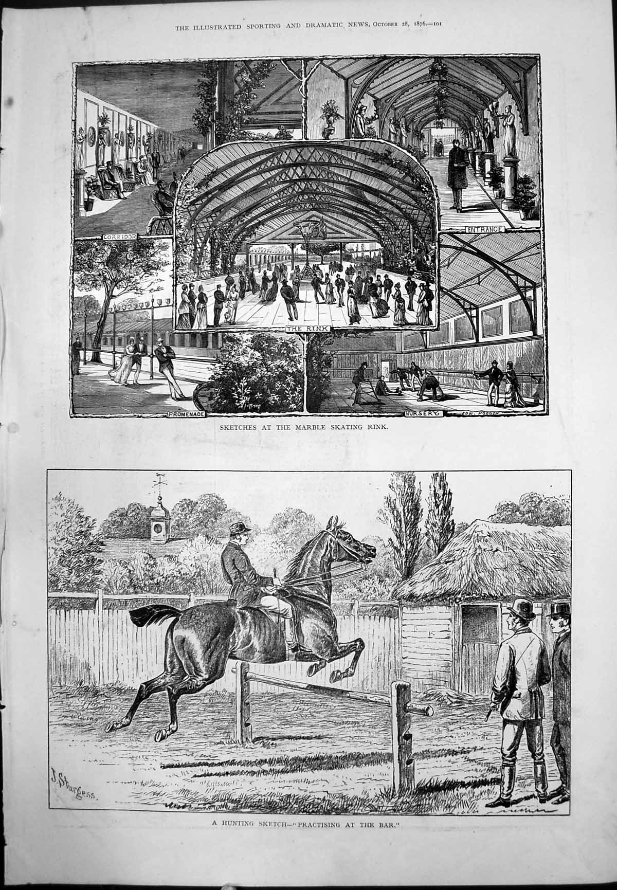 Antique Print Sketches Interior Marble Skating Rink Hunting Bar Horse 1876 19th