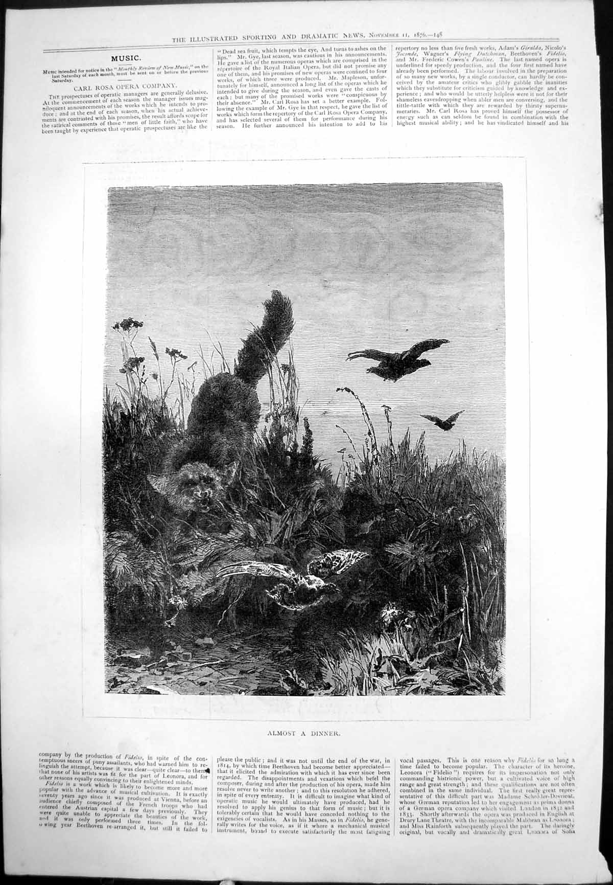Antique Old Print Almost Dinner Fox Chasing Gamebirds Rough Ground Water 1876